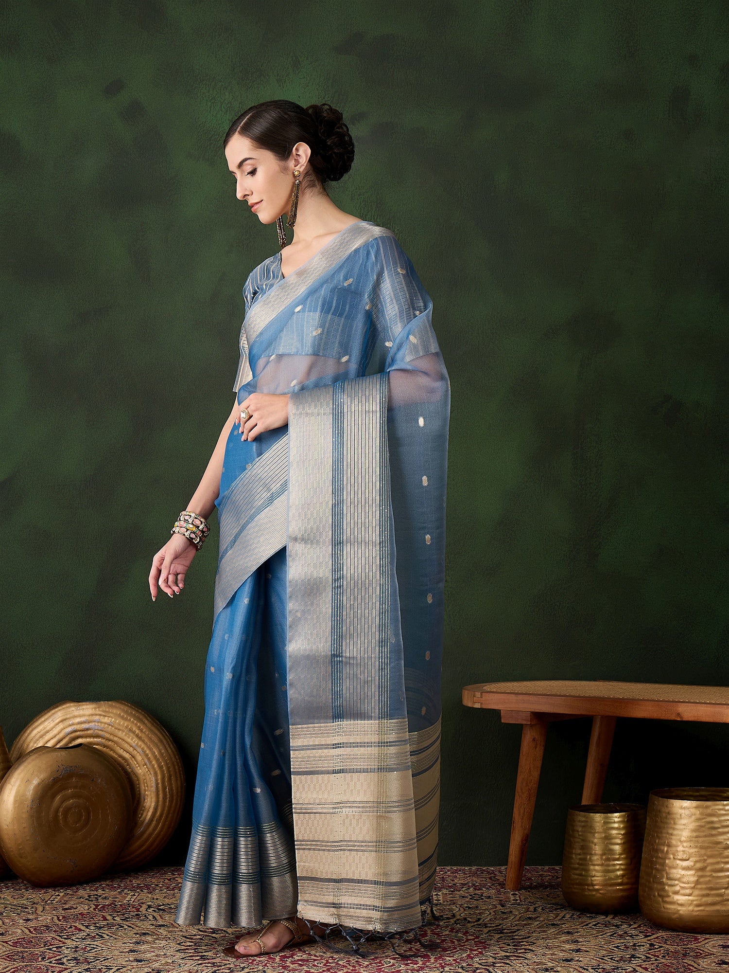 Teal Khadi Organza Ethnic Woven Designer Saree For Festive Looks