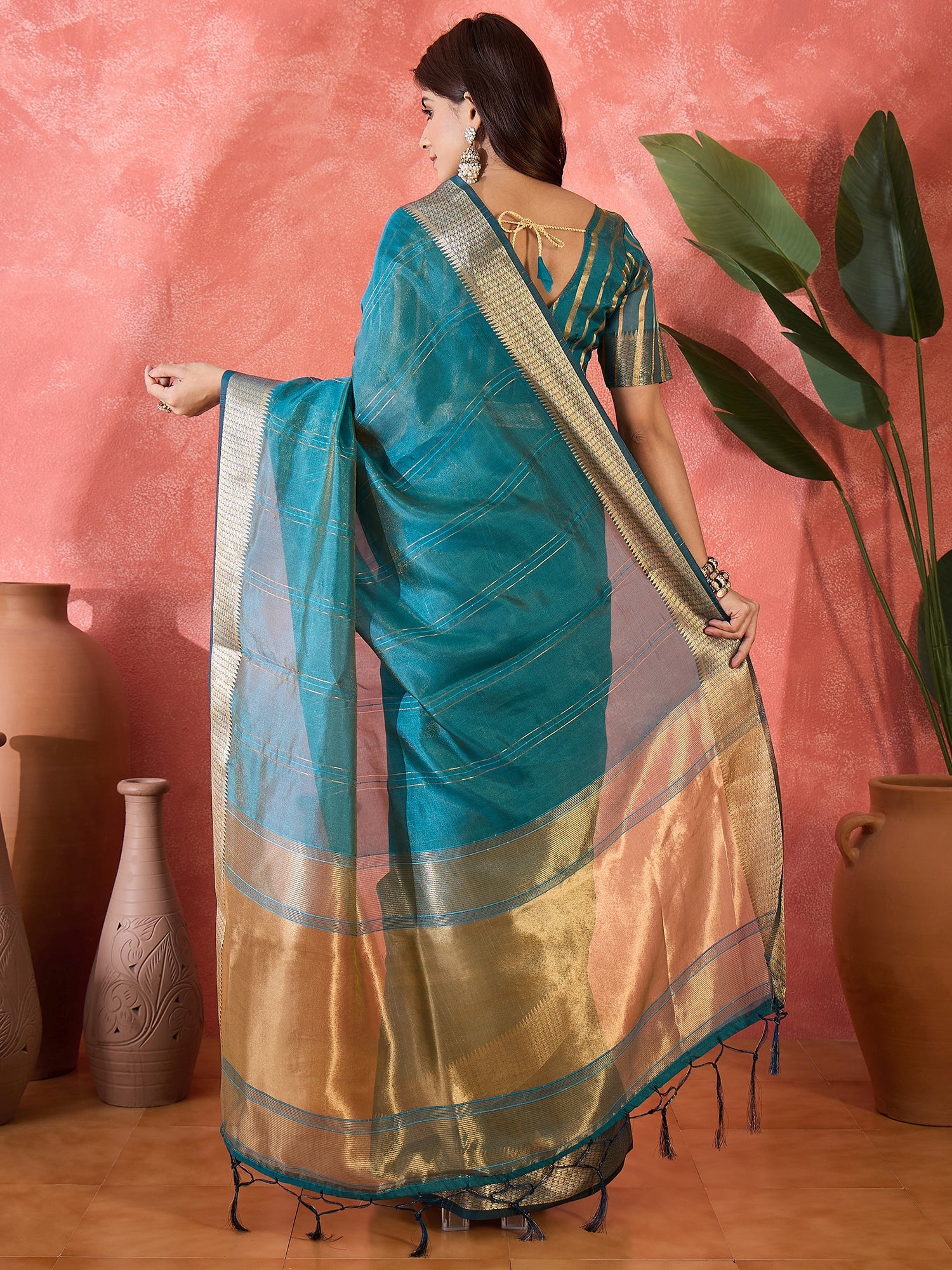 Teal Khadi Organza Woven Jacquard Designer Ethnic Partywear Saree