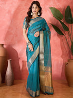 Teal Khadi Organza Woven Jacquard Designer Ethnic Partywear Saree