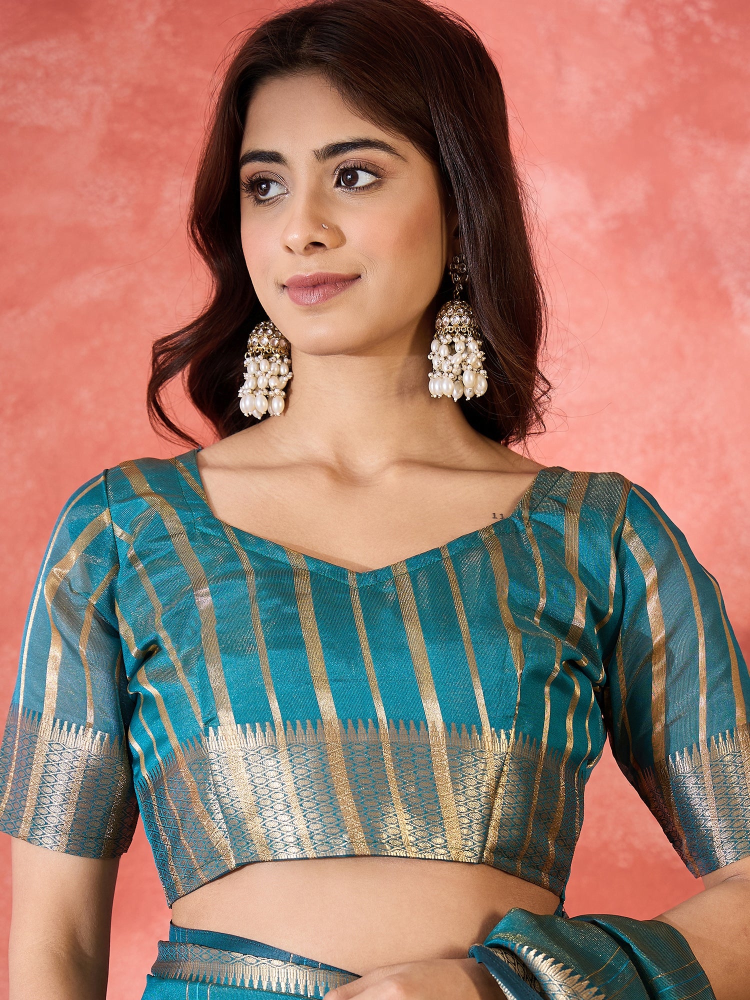 Teal Khadi Organza Woven Jacquard Designer Ethnic Partywear Saree