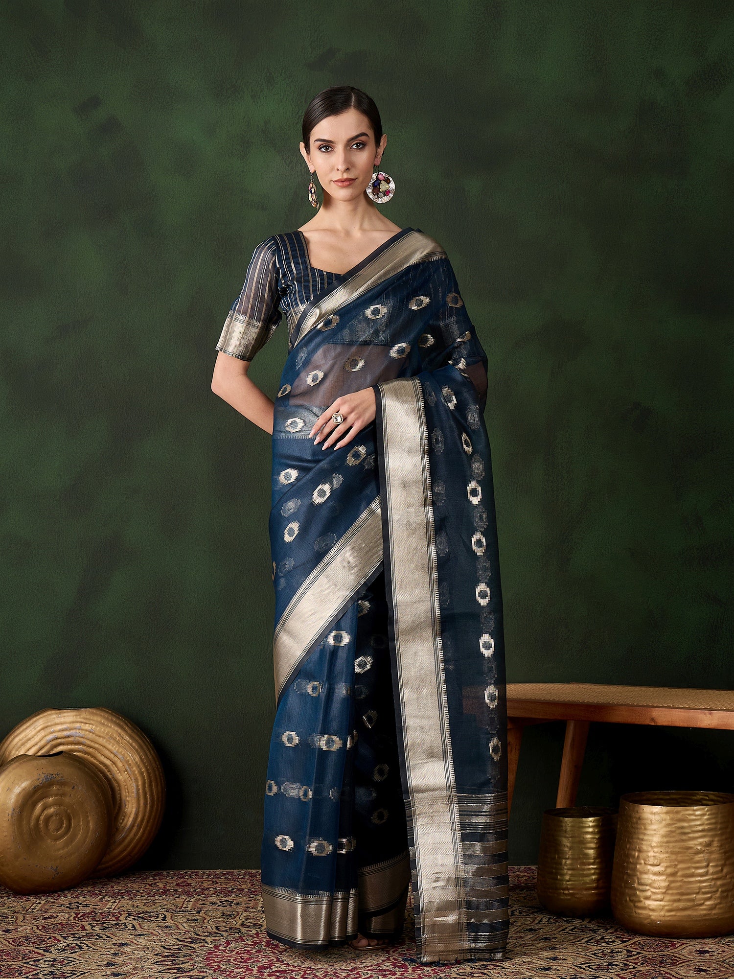 Teal Khadi Organza Woven Jacquard Designer Graceful Traditional Saree