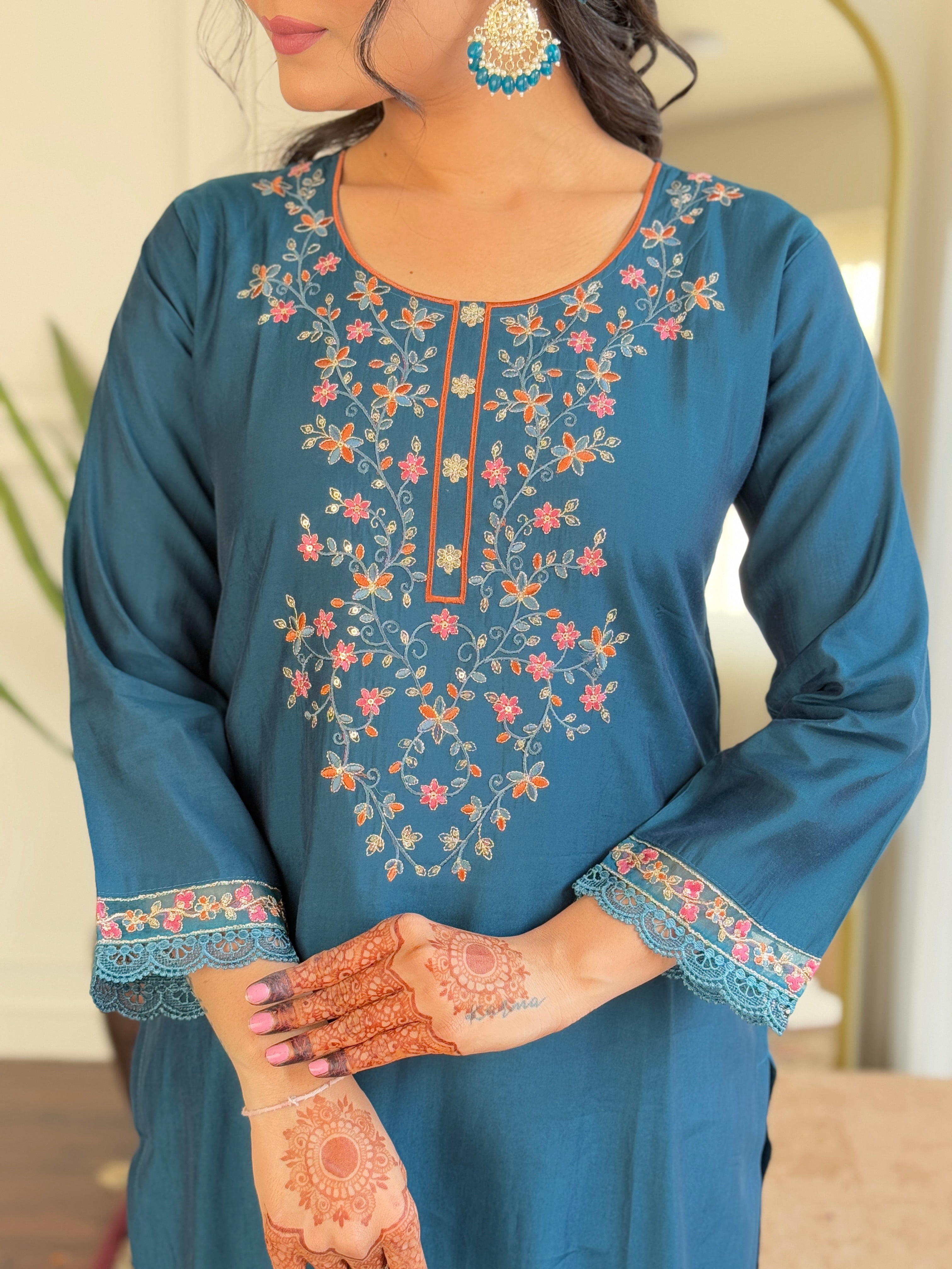 Teal Kurta Pant Set With Heavy Thread Embroidery Work With Printed Dupatta