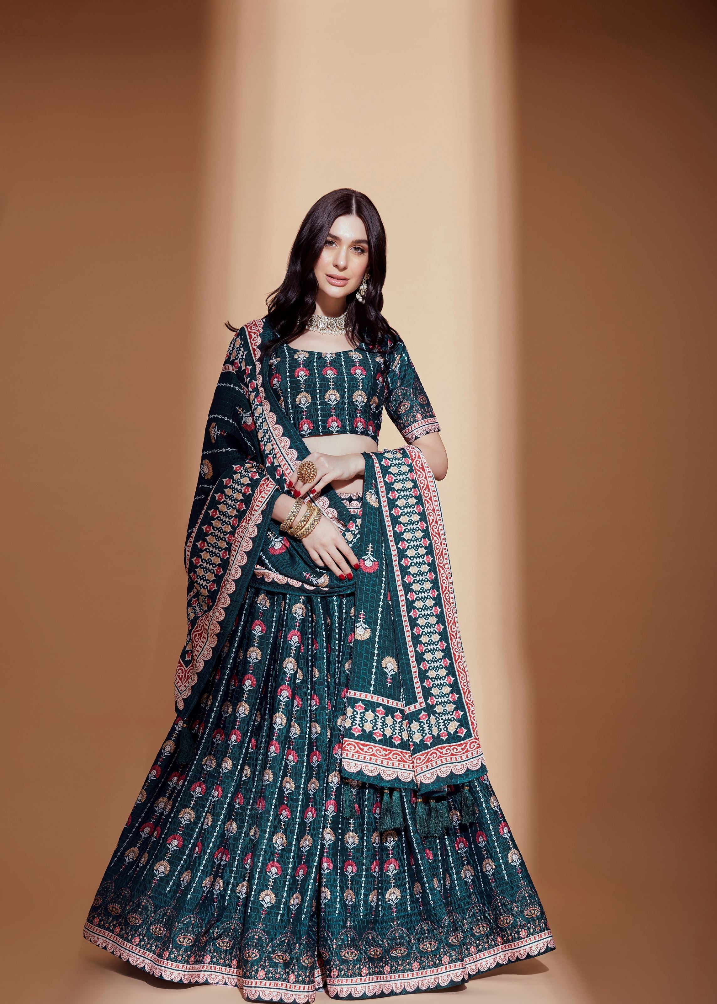 Teal Lehenga Choli With Crochet Embroidered And Digital Print Work