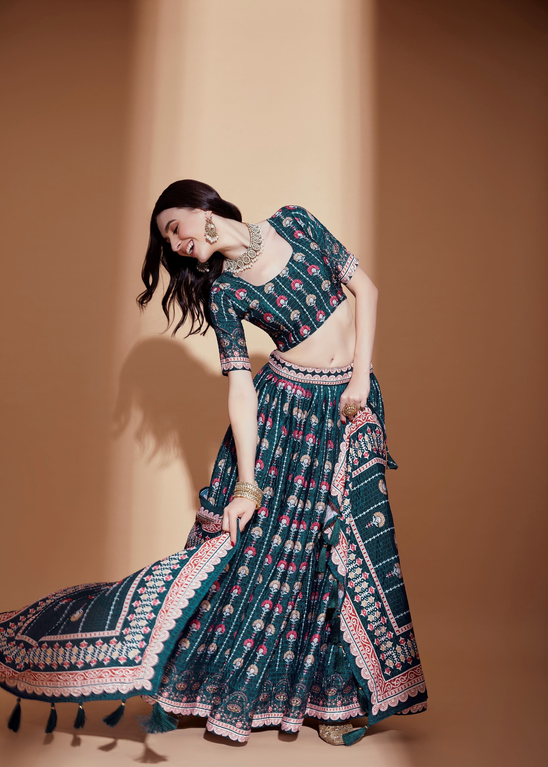 Teal Lehenga Choli With Crochet Embroidered And Digital Print Work
