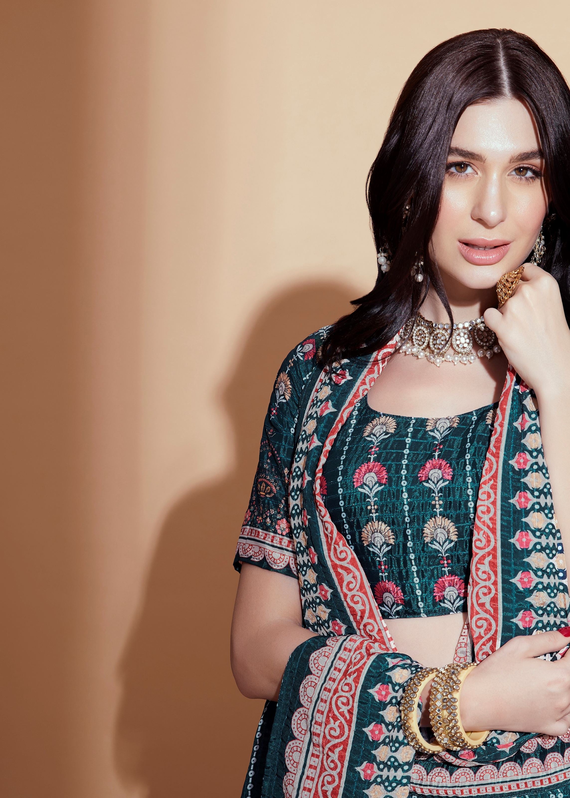 Teal Lehenga Choli With Crochet Embroidered And Digital Print Work
