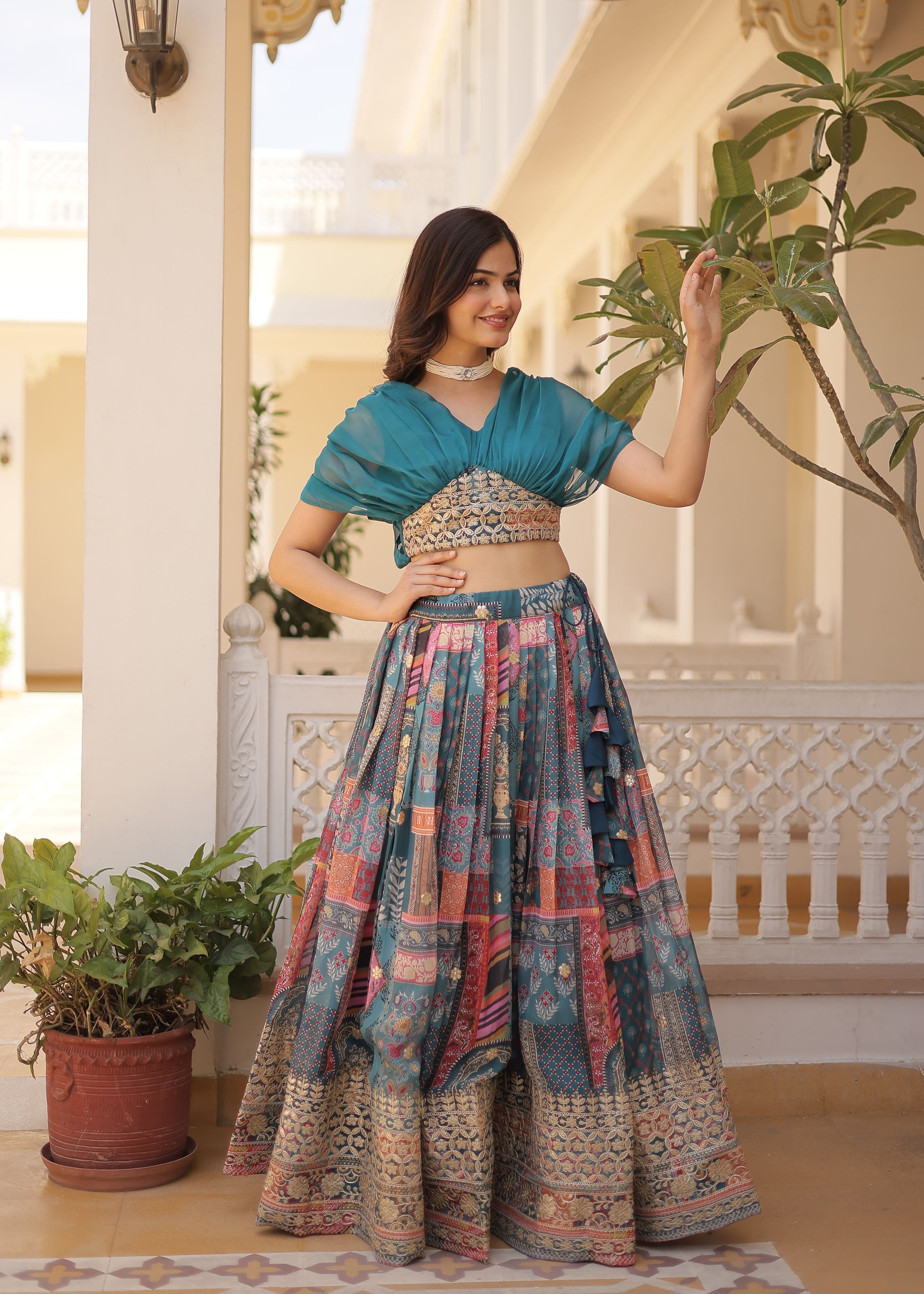Teal Lehenga Choli With Thread and Embroidery Work