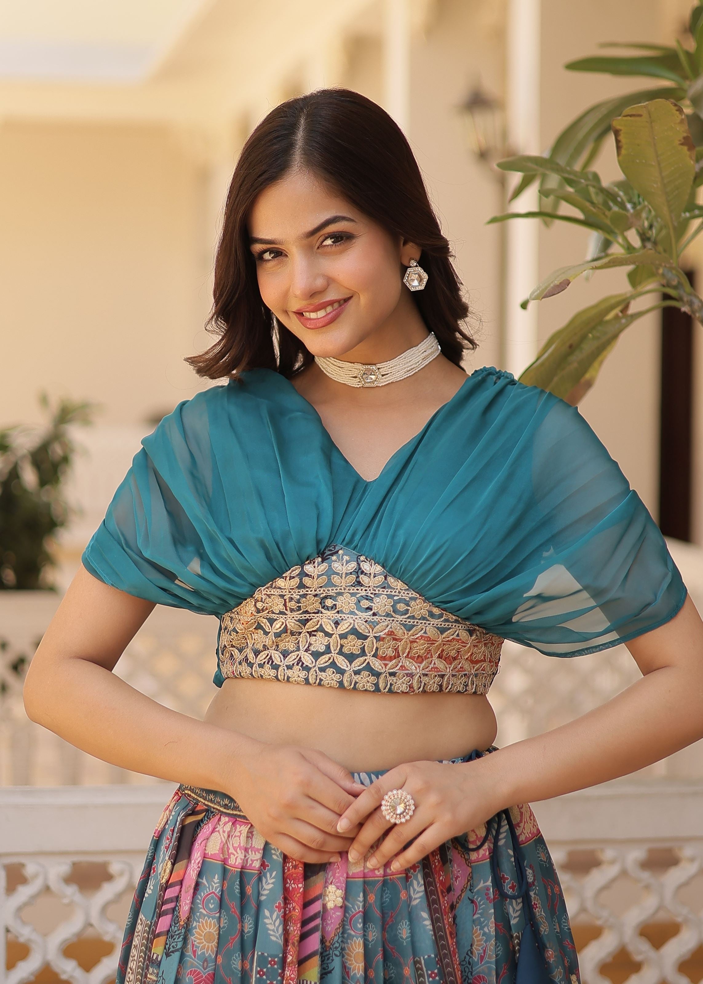 Teal Lehenga Choli With Thread and Embroidery Work