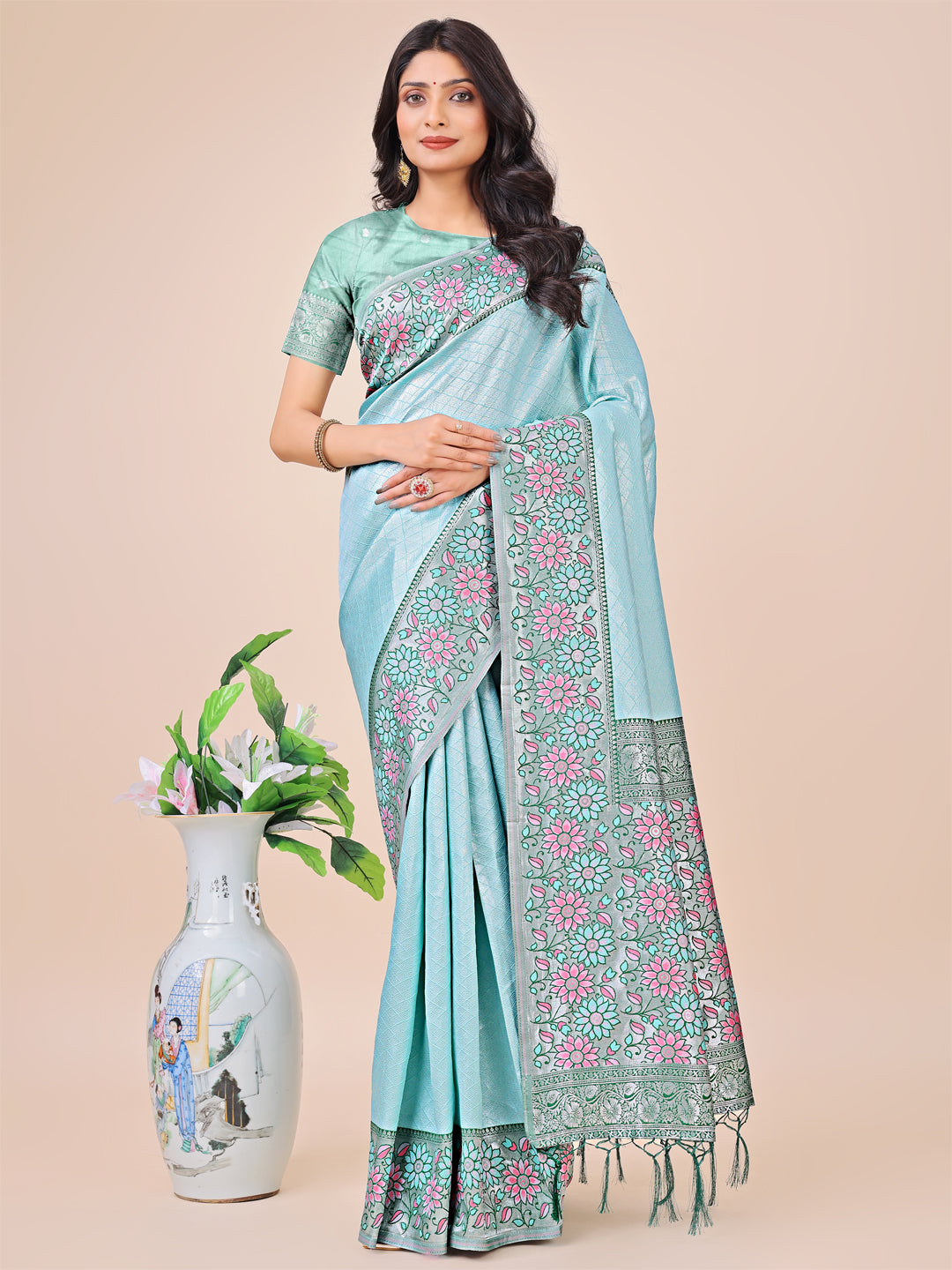 Teal Lichi Silk Woven Designer Partywear Saree