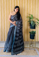 Teal Linen Cotton Digital Batik Printed Traditional Looks Saree