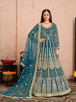 Teal Net Heavy Thread Embroidery And Zari Work  Anarkali Suits