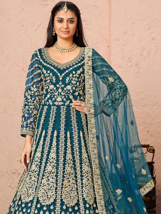 Teal Net Heavy Thread Embroidery And Zari Work  Anarkali Suits