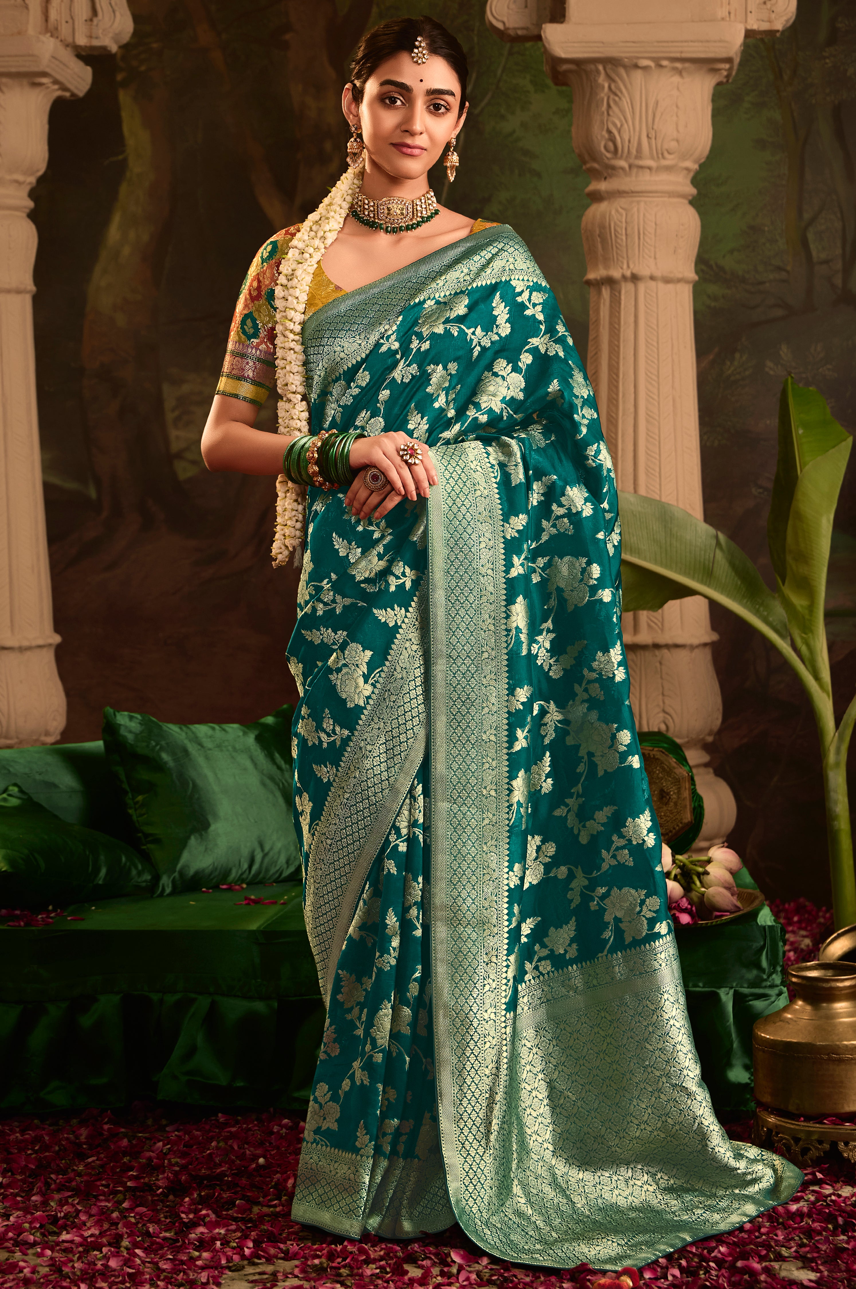Teal Pure Crepe Dola Silk Saree With Jacquard Woven Work