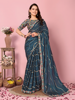 Teal Rangoli  Silk  Saree with Embroidery cut work Lace with sequence work