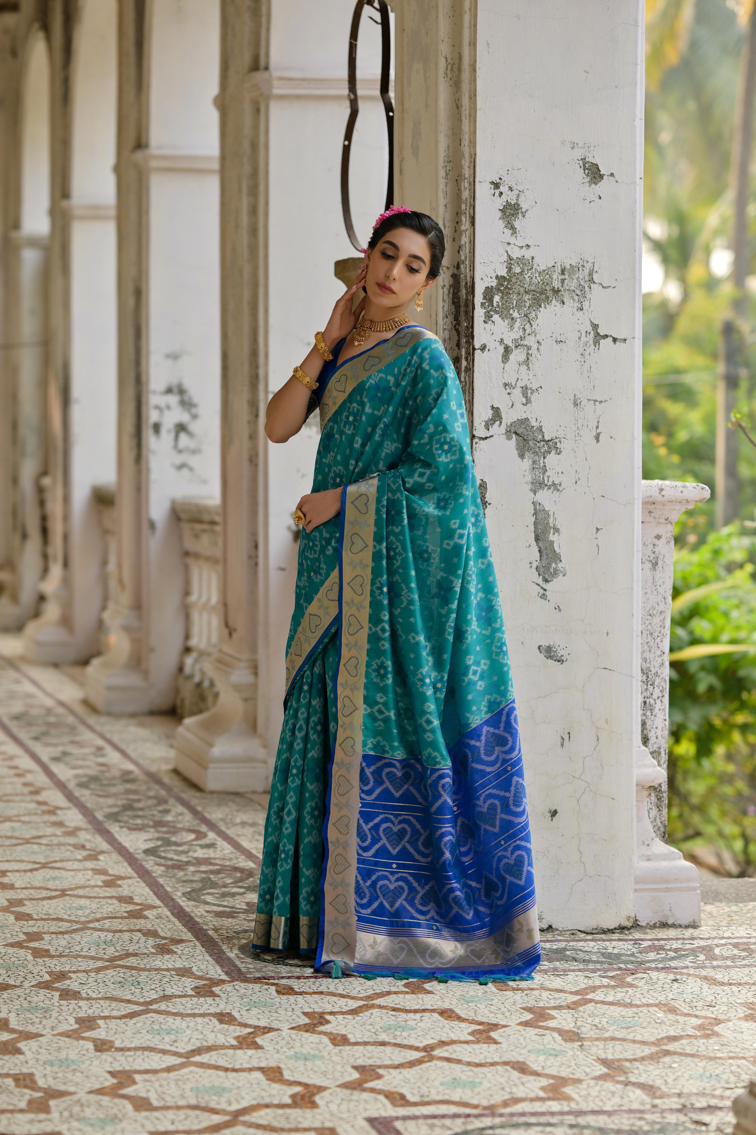 Teal Raw Silk Woven Ikat Designer Ceremonial Saree