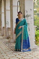 Teal Raw Silk Woven Ikat Designer Ceremonial Saree