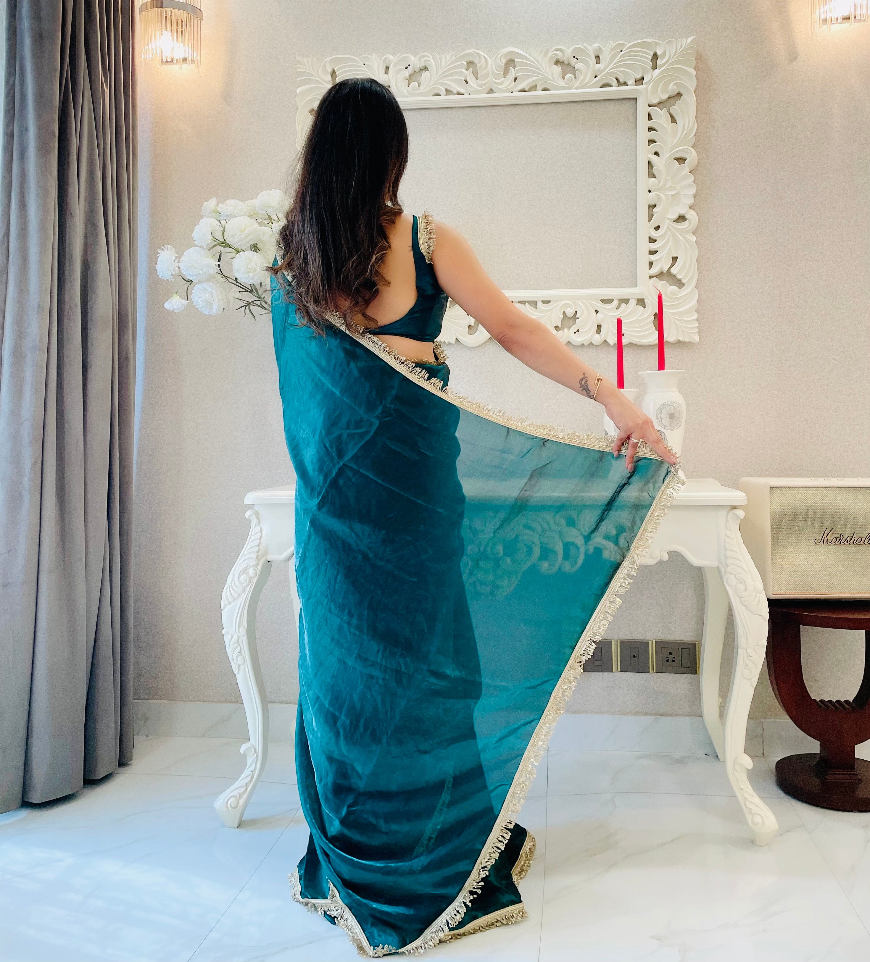 Teal Ready To Wear Fendy Satin Saree Designed With Lace Border