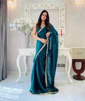 Teal Ready To Wear Fendy Satin Saree Designed With Lace Border