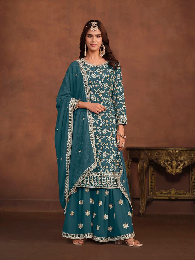 Teal Salwar Kameez With Thread Emboirdered Work