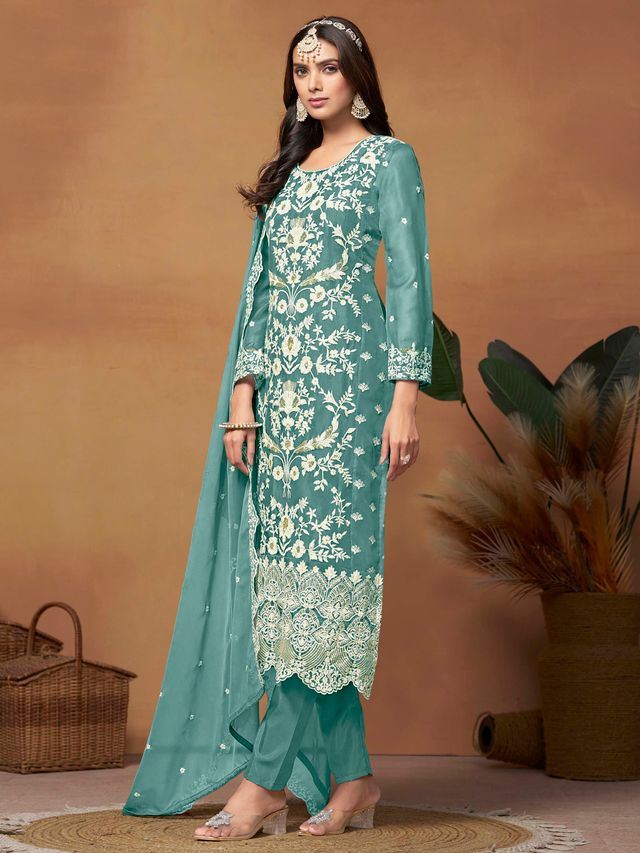 Teal Salwar Kameez With Thread Emboirdered Work