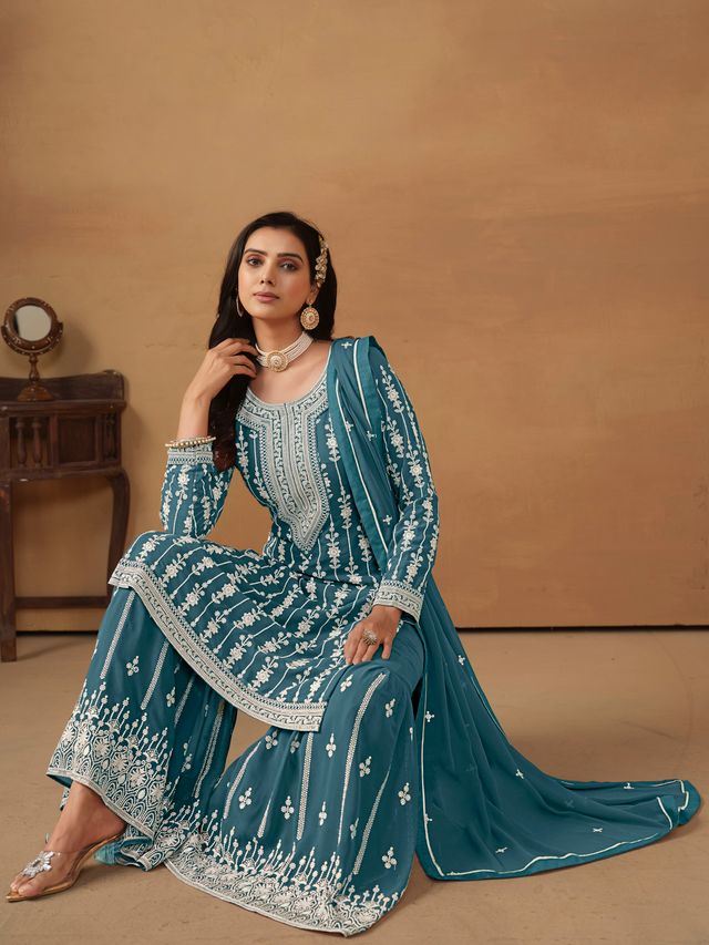 Teal Salwar Kameez With Thread Emboirdered Work