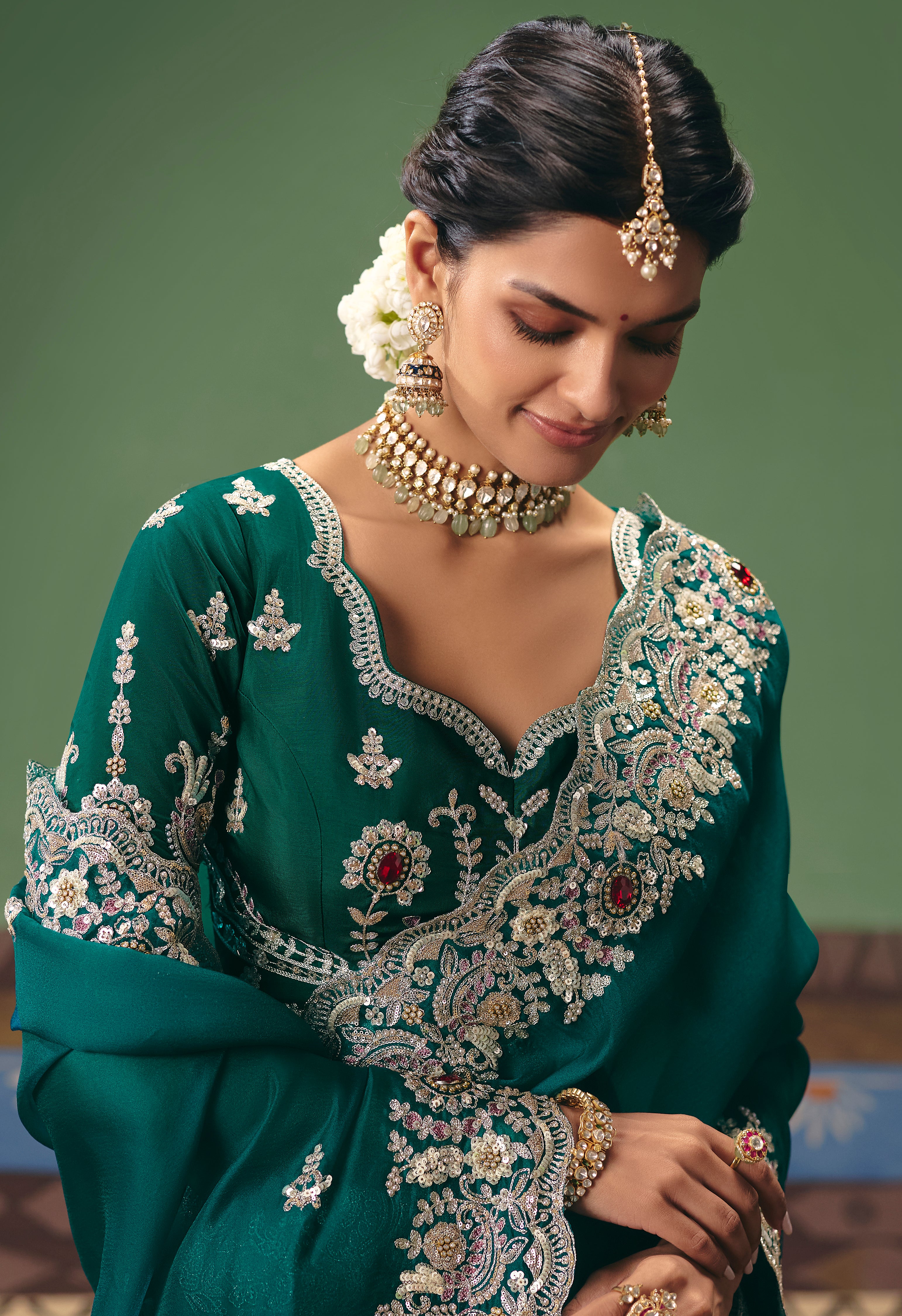 Teal Saree With  Heavy Designer Embroidery, Sequince, Stone, Pearl With Beads Work