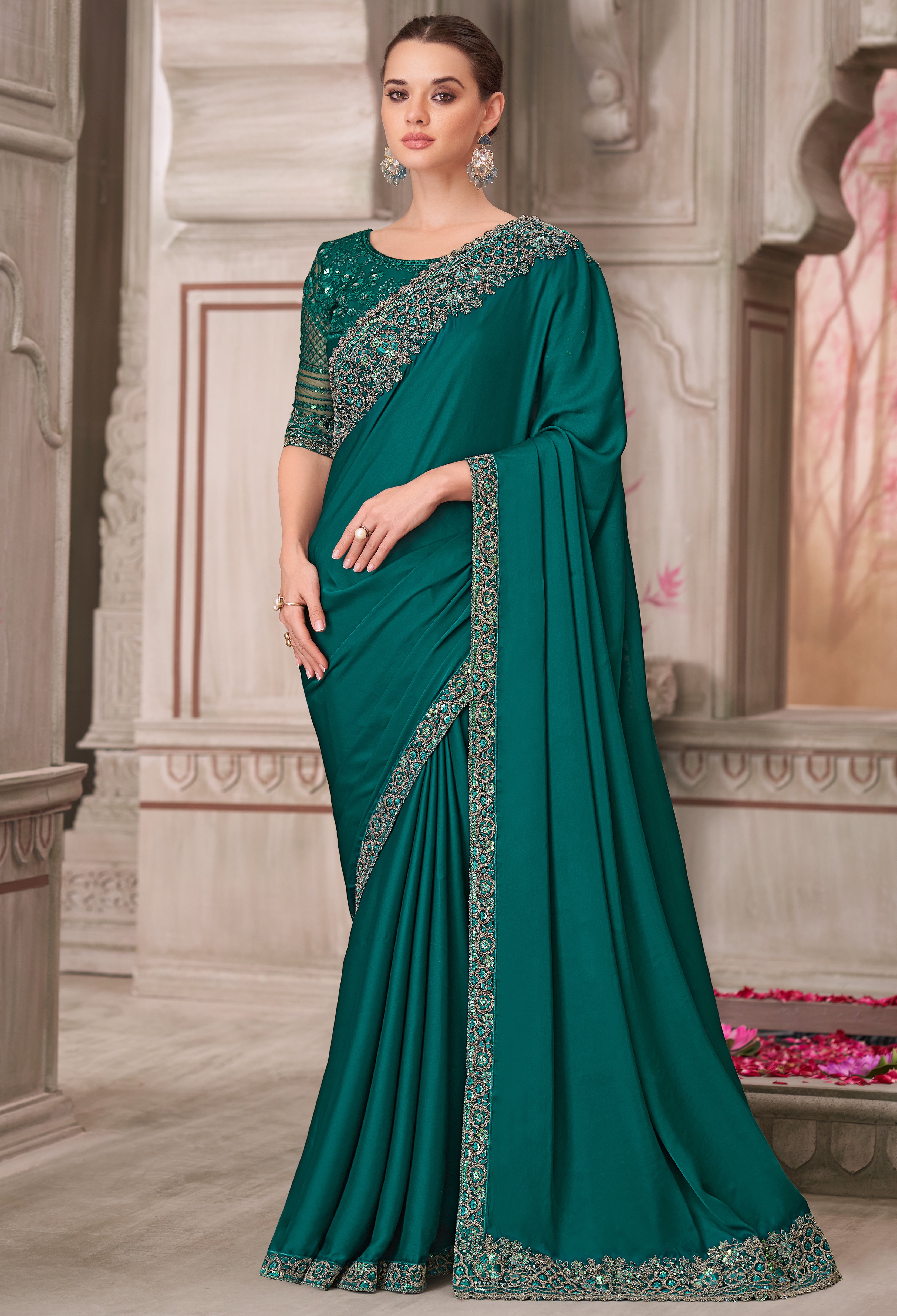 Teal Saree With  Heavy Thread Embroidery Sequins Border Work With Embroidery Blouse
