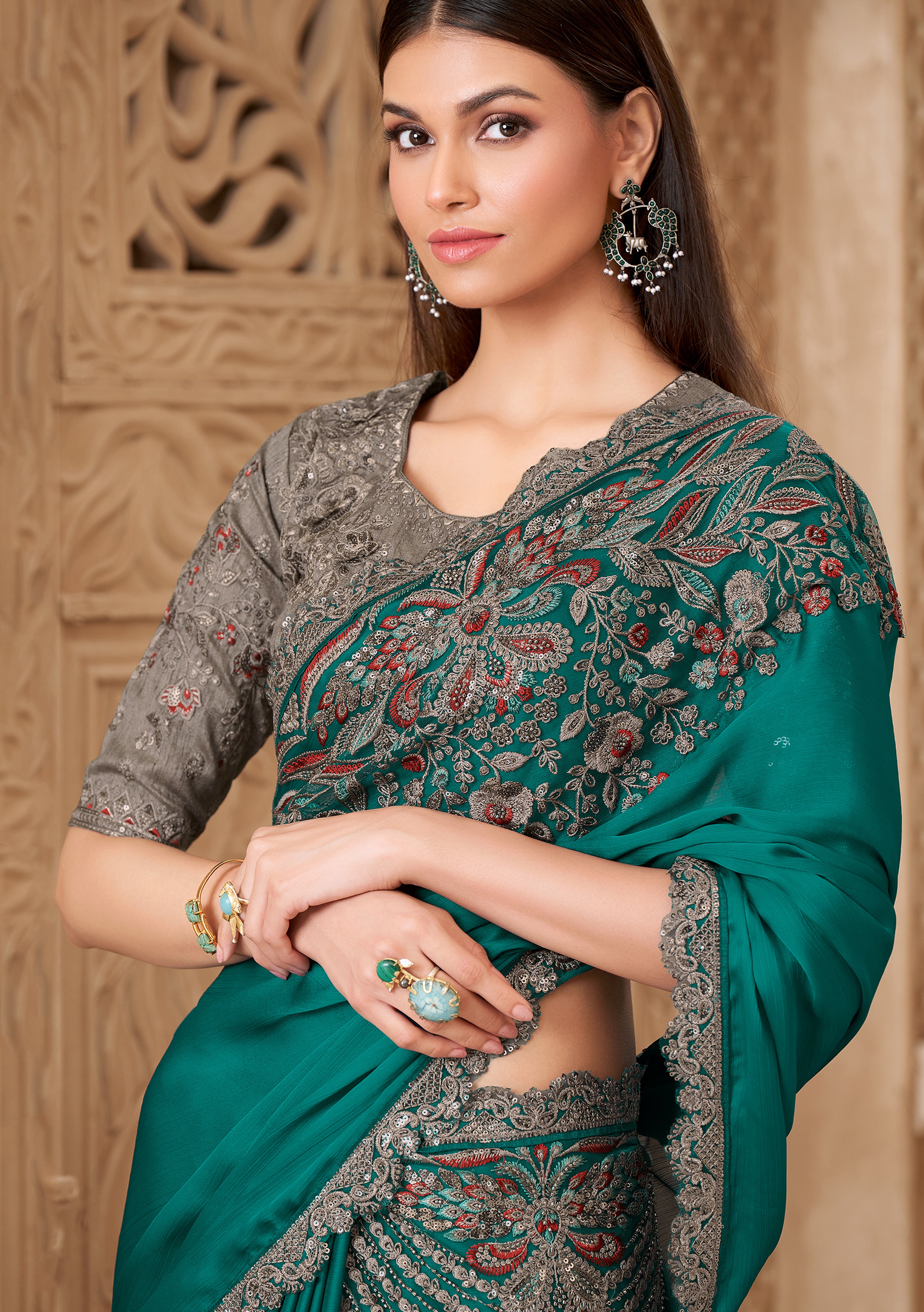 Teal Saree With  Heavy Thread Embroidery, Stone Sequins Border Work With Embroidery Blouse