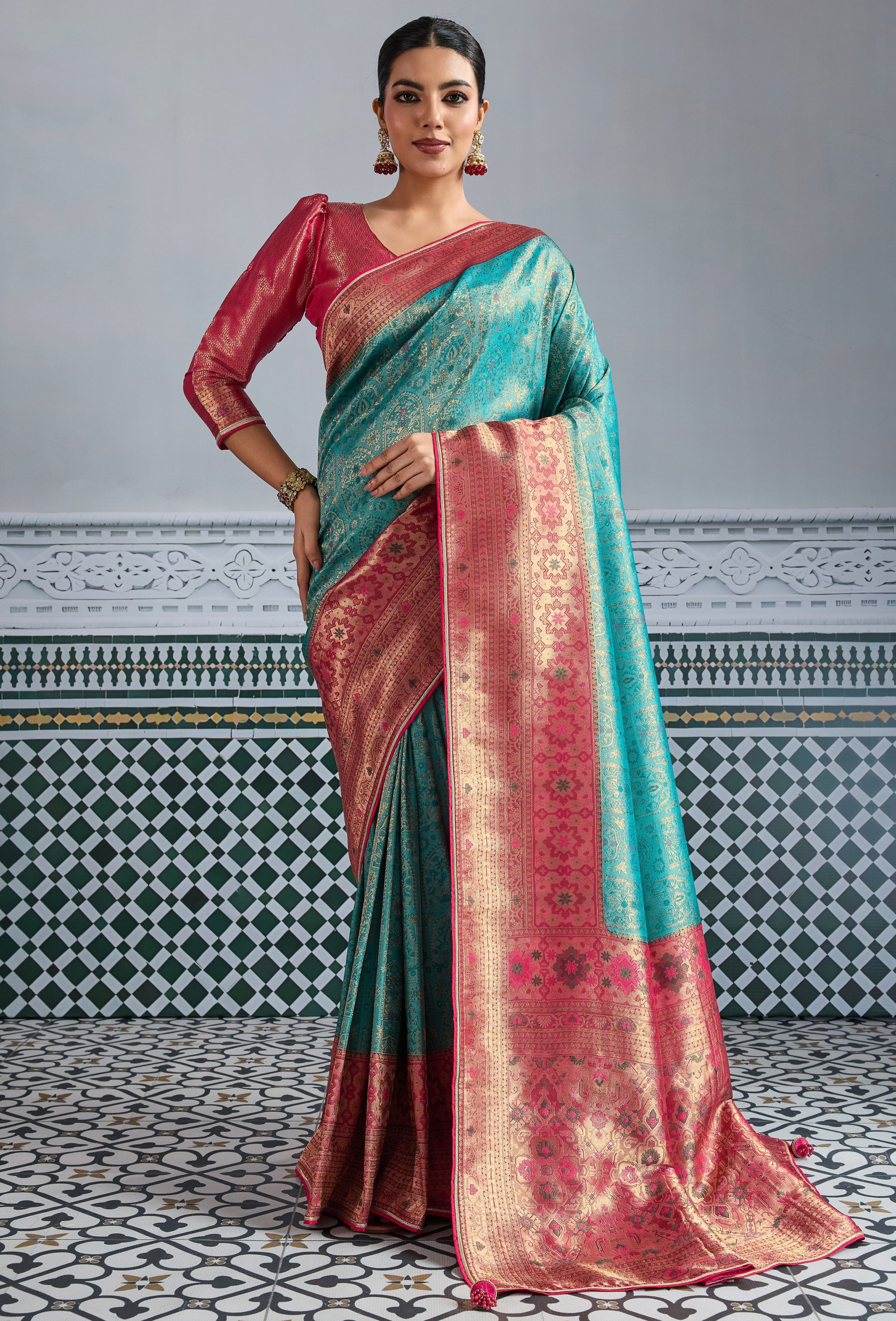 Teal Saree With  Zari Meenakari Woven all over the saree With Broad & Intricate Patta, Exquisite Grand Pallu