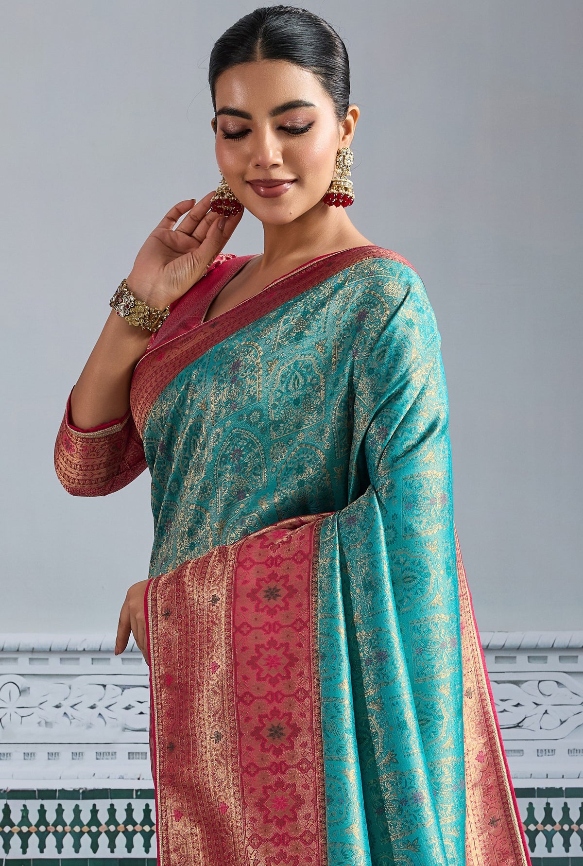 Teal Saree With  Zari Meenakari Woven all over the saree With Broad & Intricate Patta, Exquisite Grand Pallu