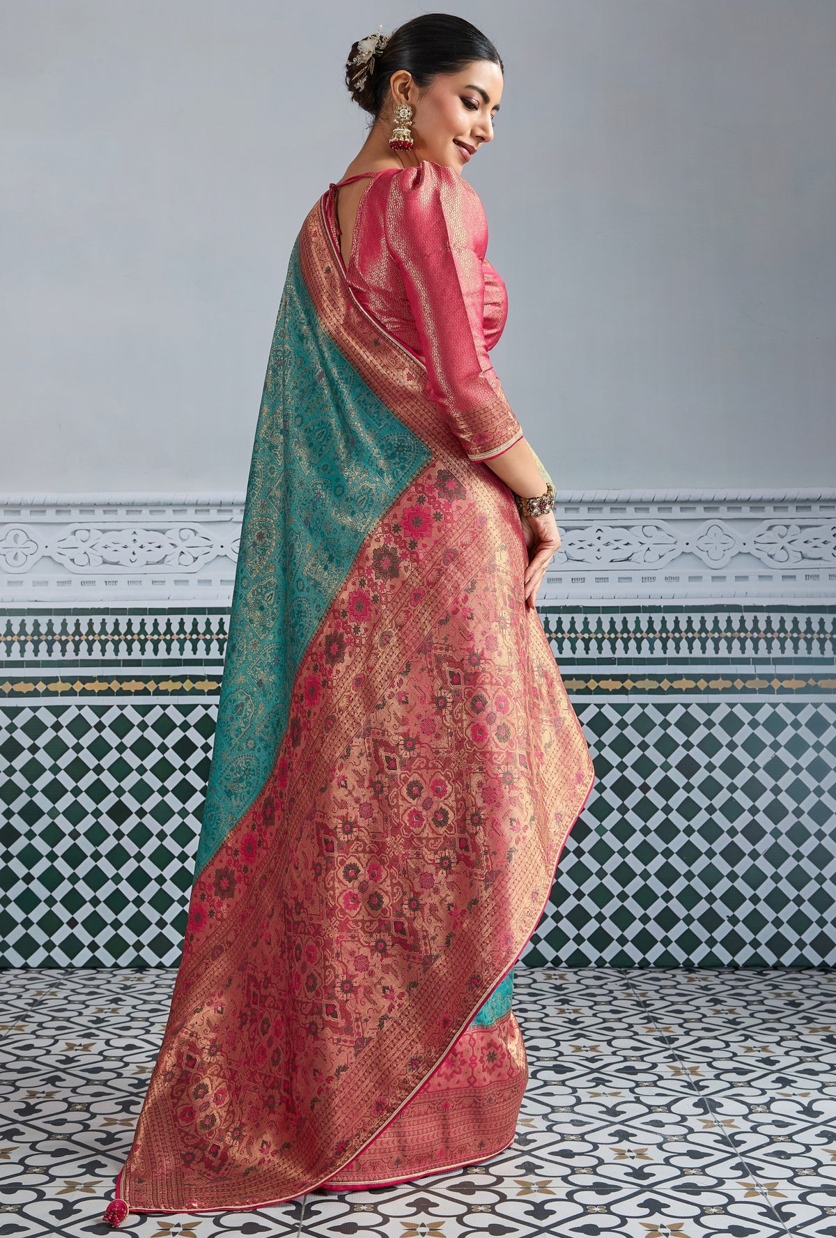 Teal Saree With  Zari Meenakari Woven all over the saree With Broad & Intricate Patta, Exquisite Grand Pallu