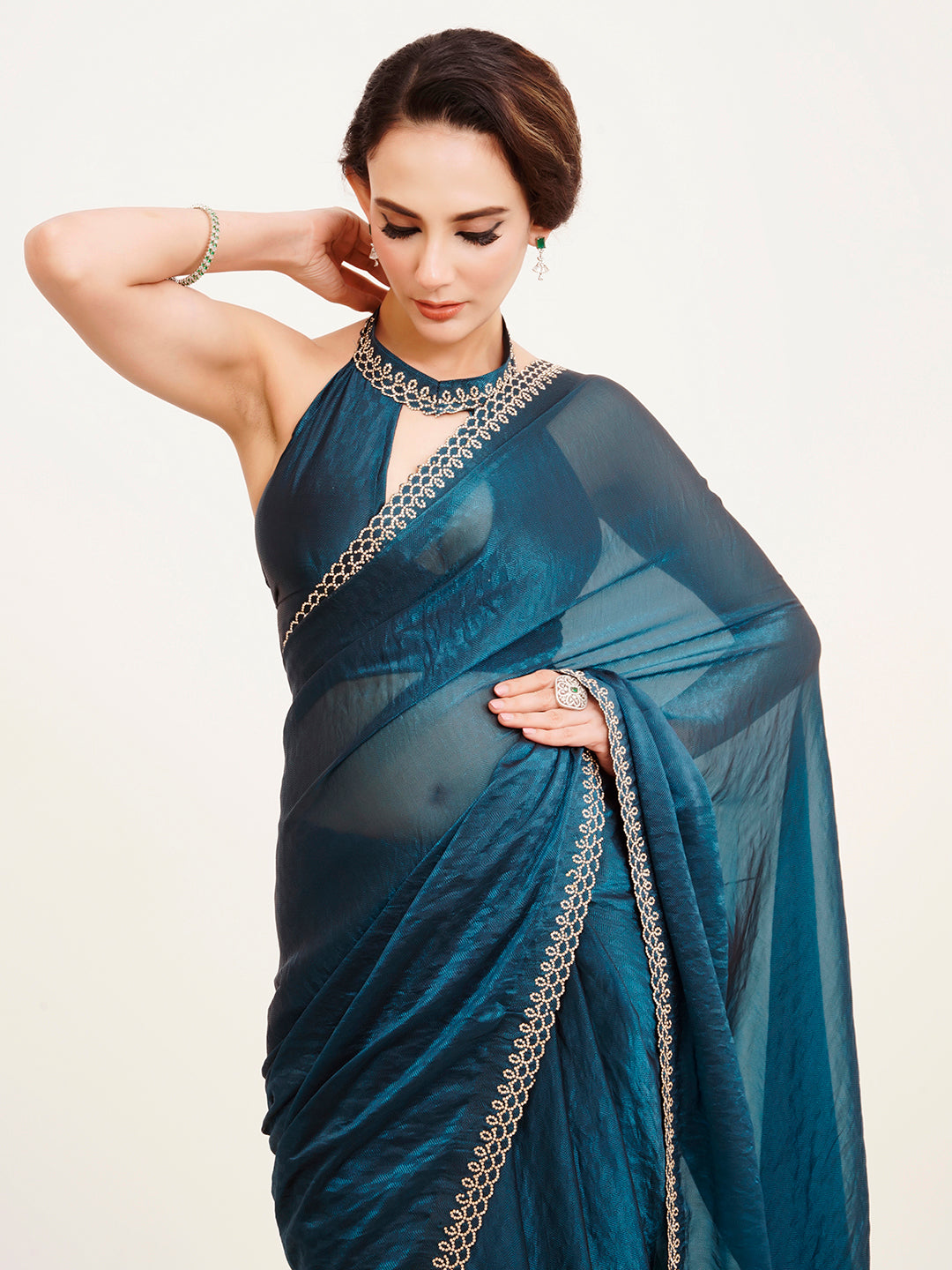 Teal Satin Embellished Beads And Stones Work Fancy Saree