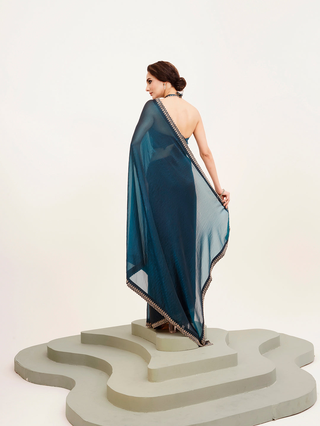 Teal Satin Embellished Beads And Stones Work Fancy Saree