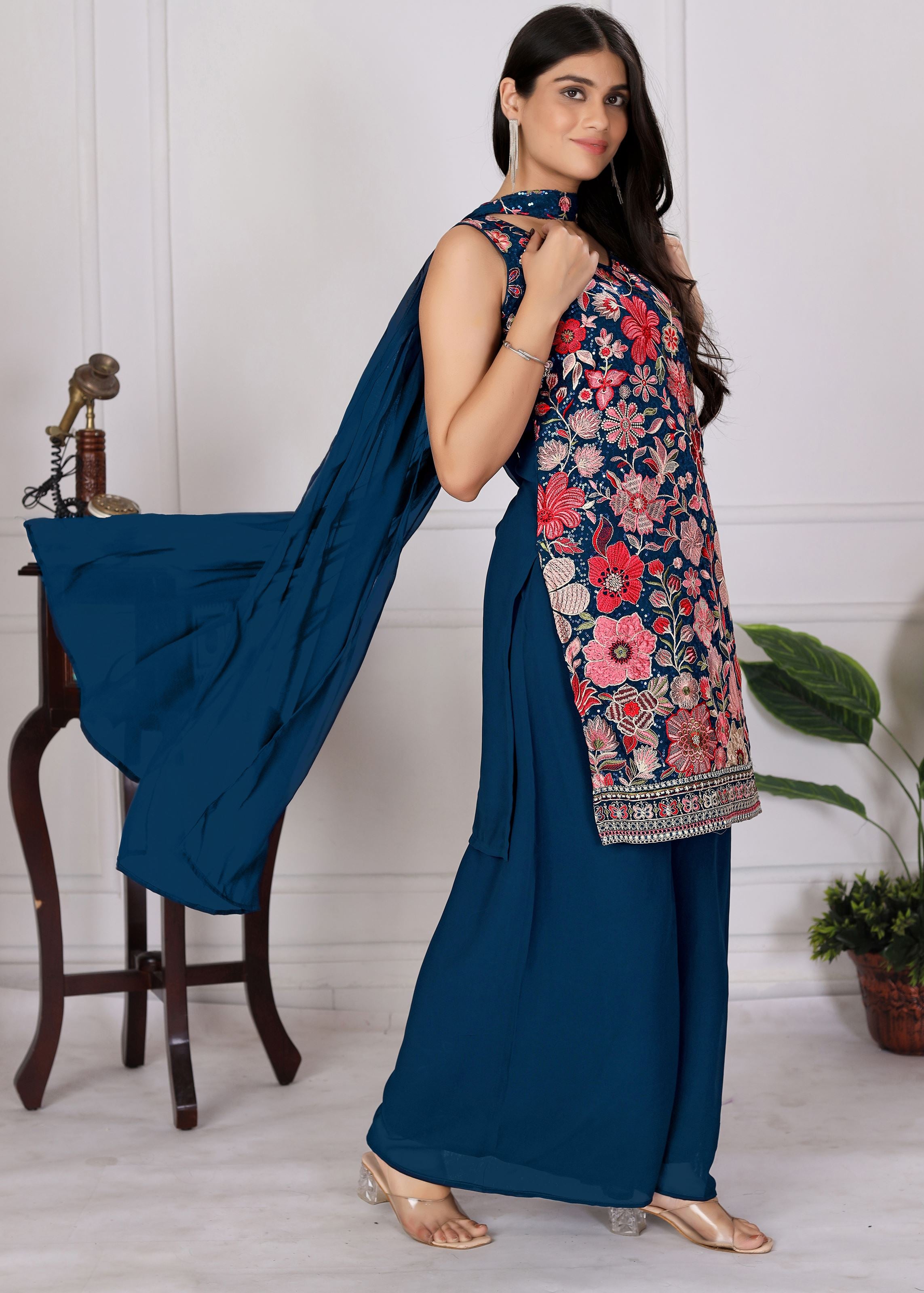 Teal Sharara Dress With Sequence Embroidered