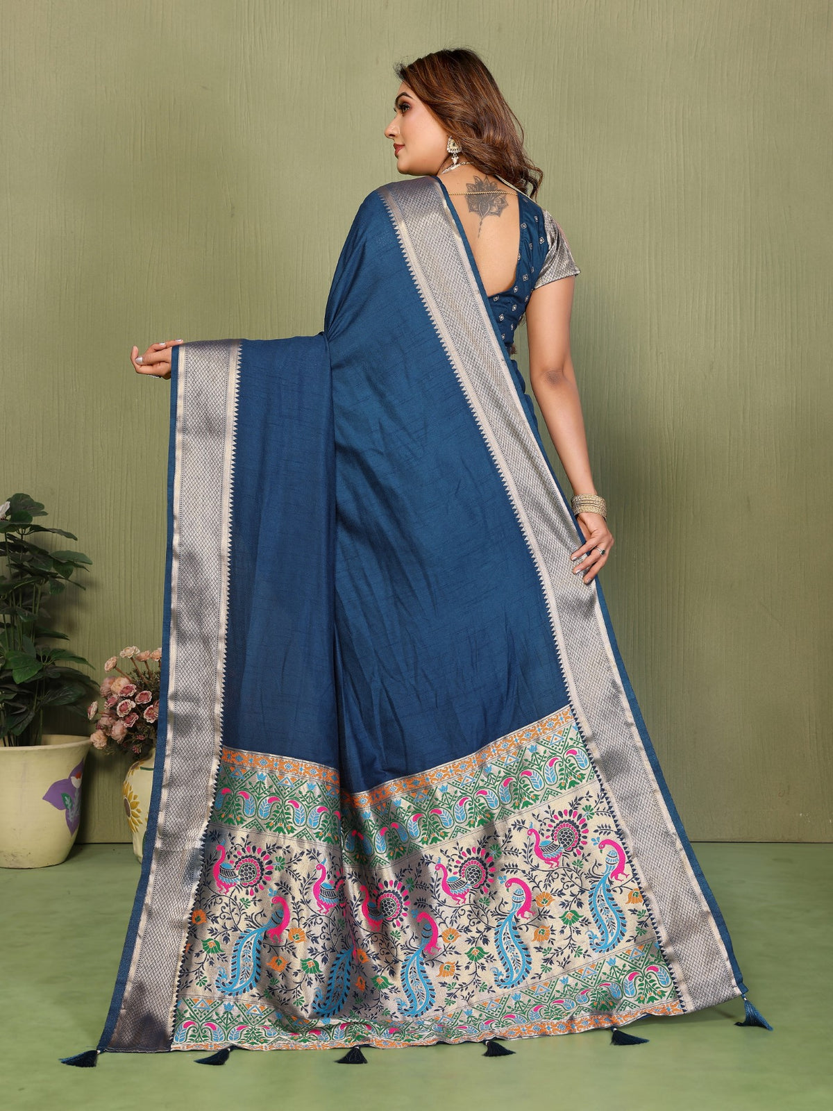 Teal Silk Saree With Elegant Weaving