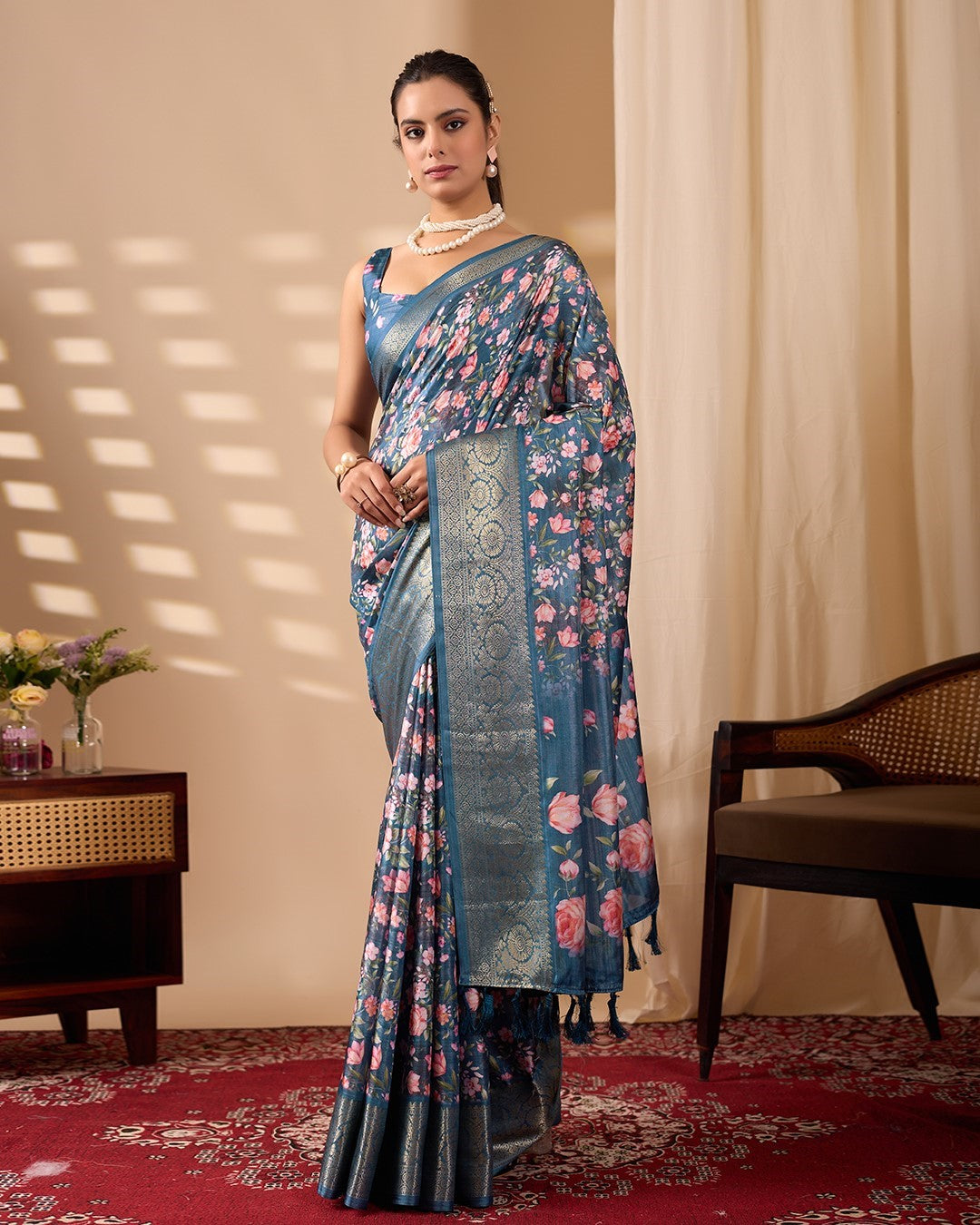 Teal Soft Lichi Silk Saree With Digital Printed Elegant Traditional Saree