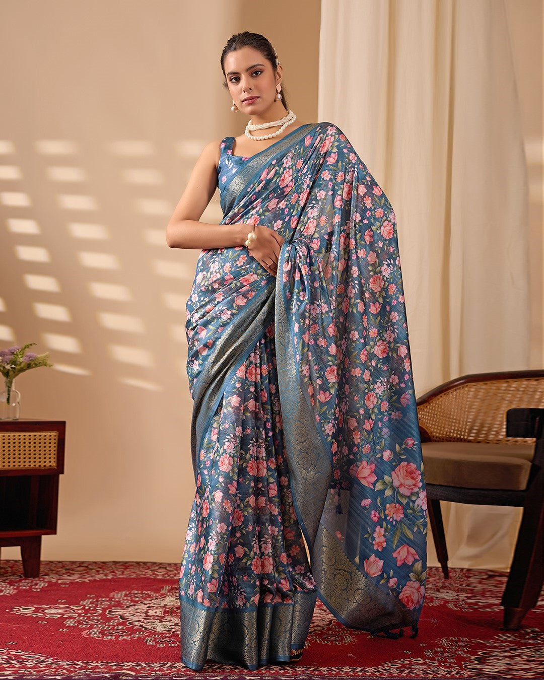 Teal Soft Lichi Silk Saree With Digital Printed Elegant Traditional Saree