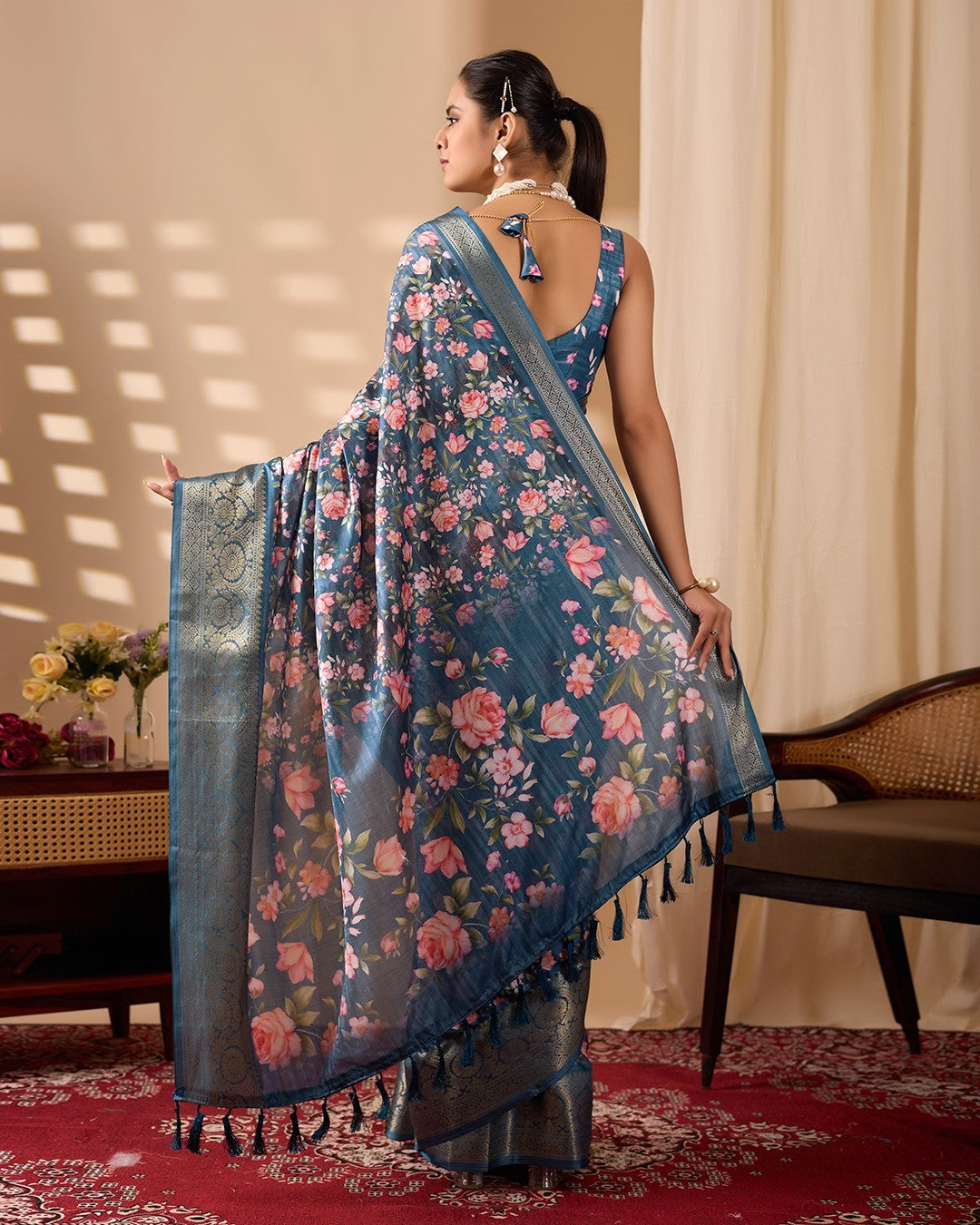 Teal Soft Lichi Silk Saree With Digital Printed Elegant Traditional Saree