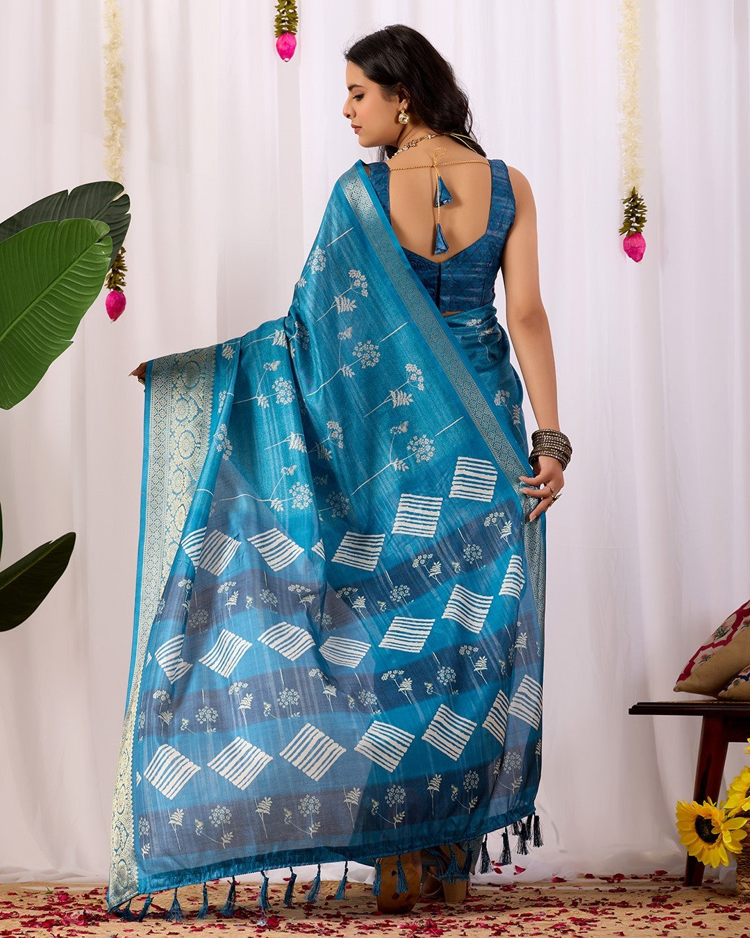Teal Soft Lichi Silk Saree With Digital Printed Premium Designer Saree