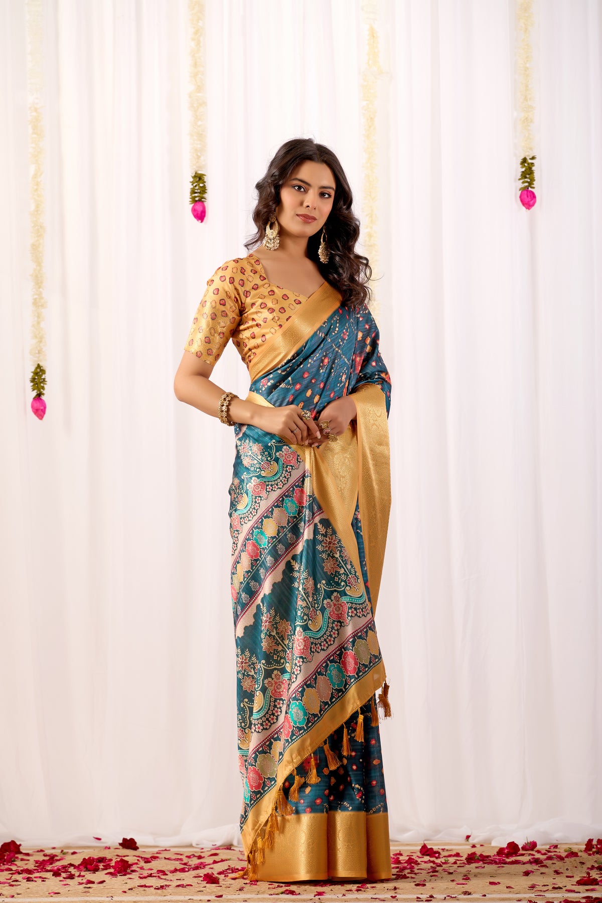 Teal Soft Lichi Silk Saree With Digital Printed Premium Festive Saree