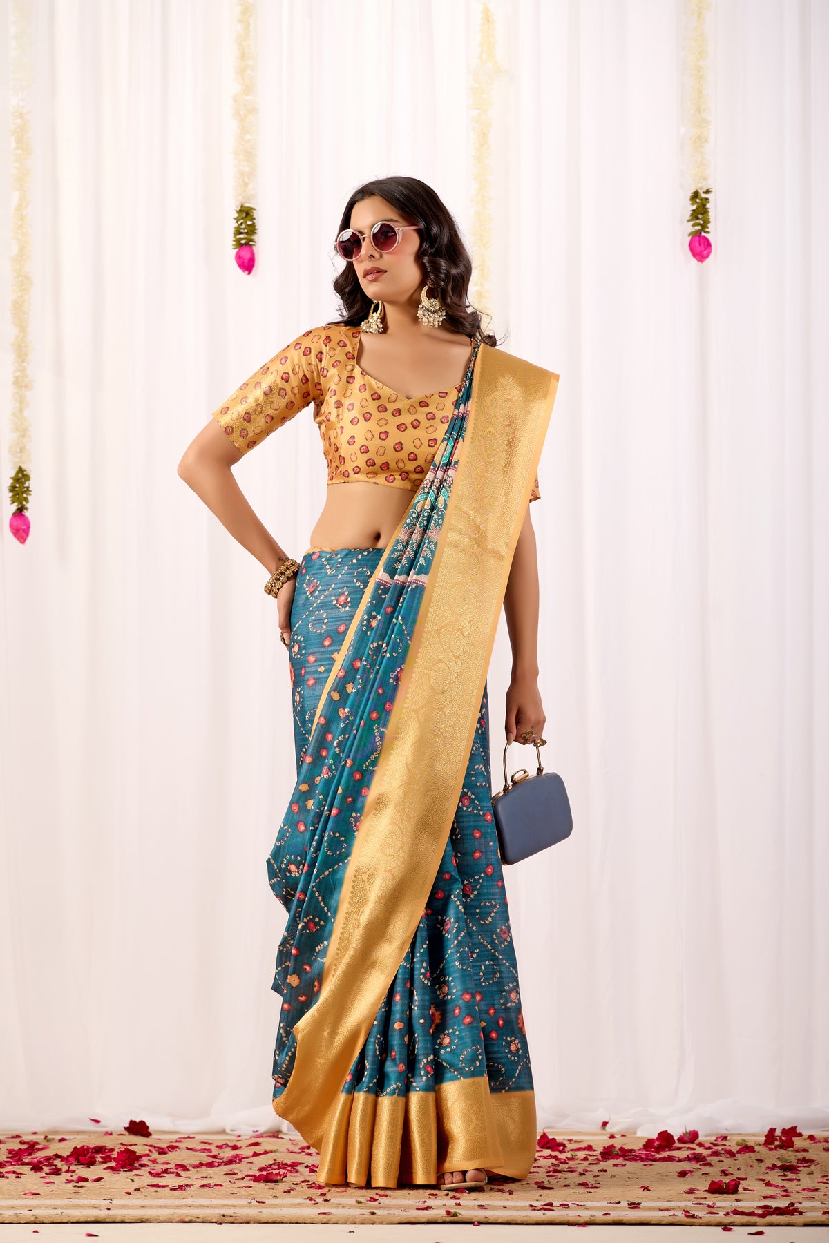 Teal Soft Lichi Silk Saree With Digital Printed Premium Festive Saree