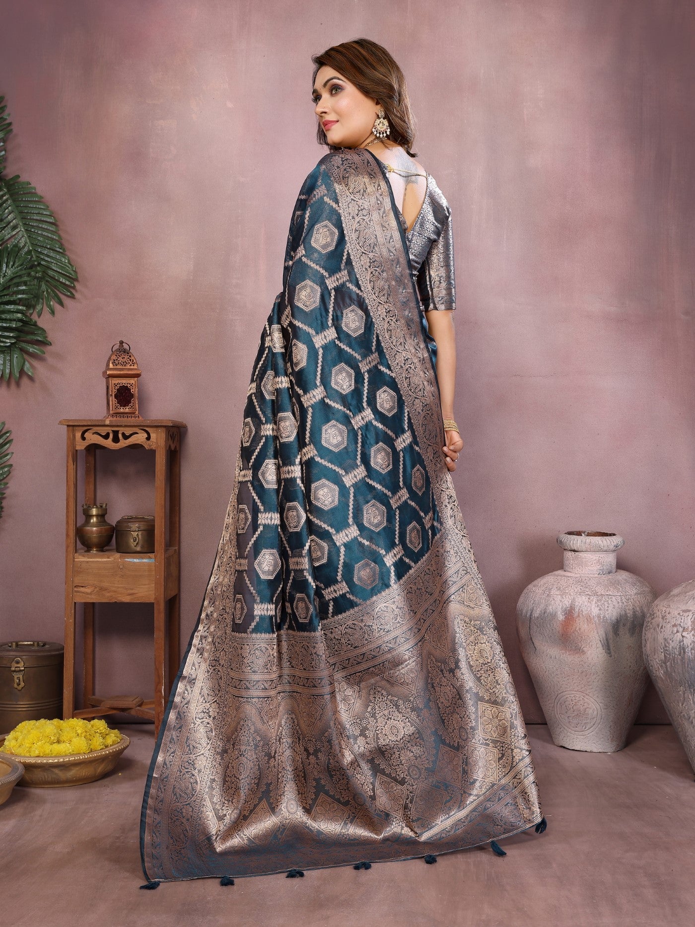 Teal Soft Organza Silk Saree With Elegant Weaving