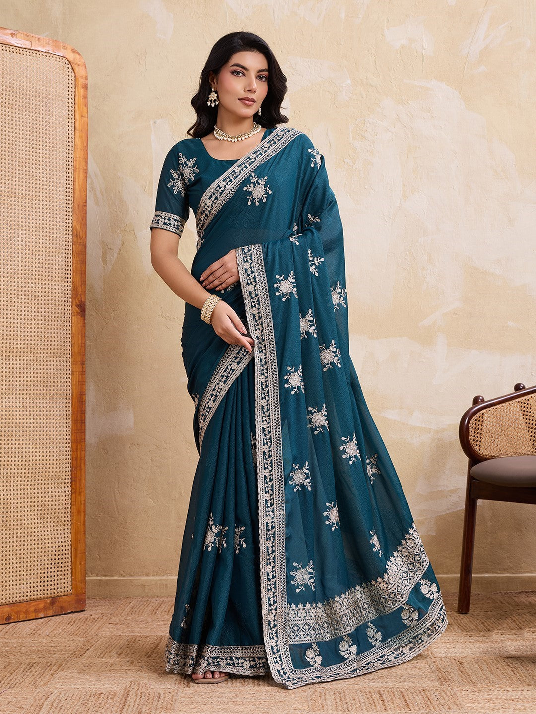 Teal Star Georgette Saree With Printed Premium Designer Saree