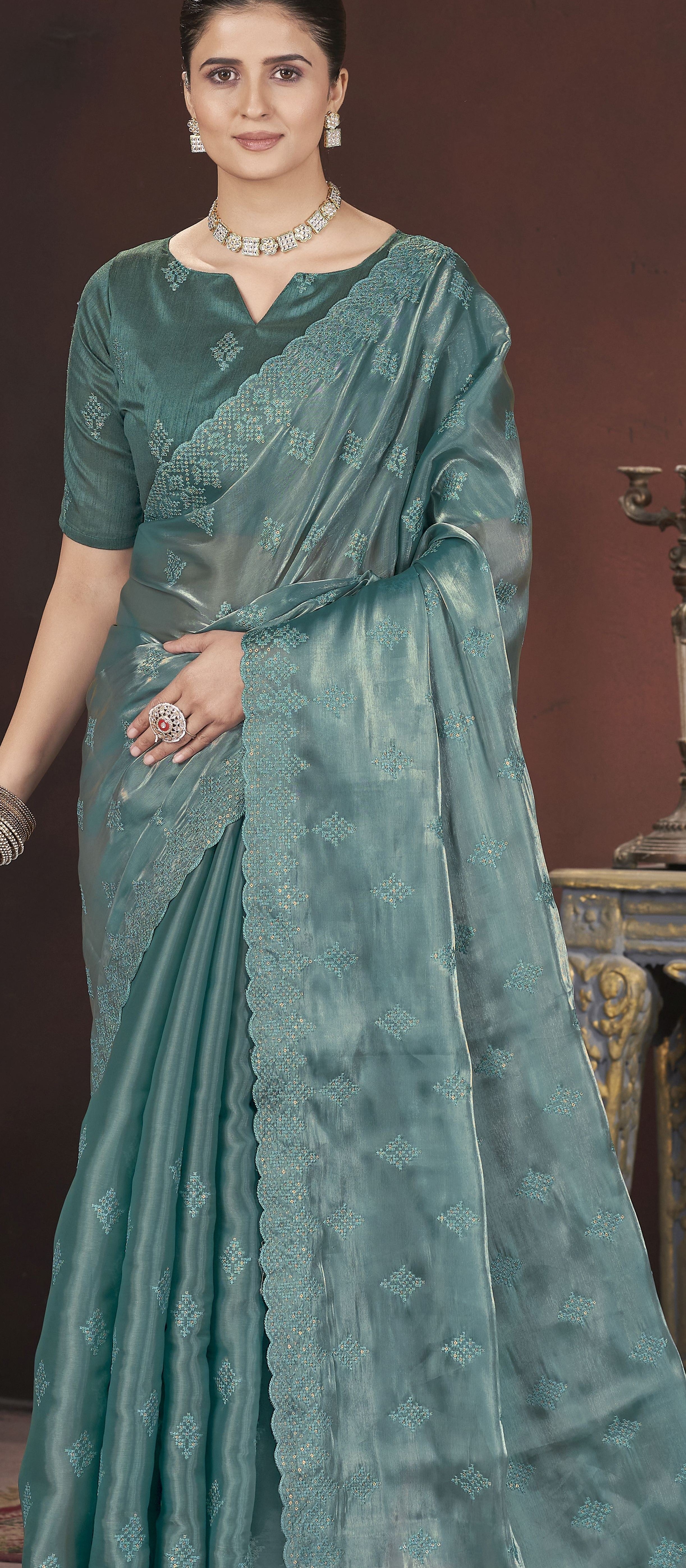 Teal Stylish Jimmy Choo Ethnic Sequins Embroidered Saree