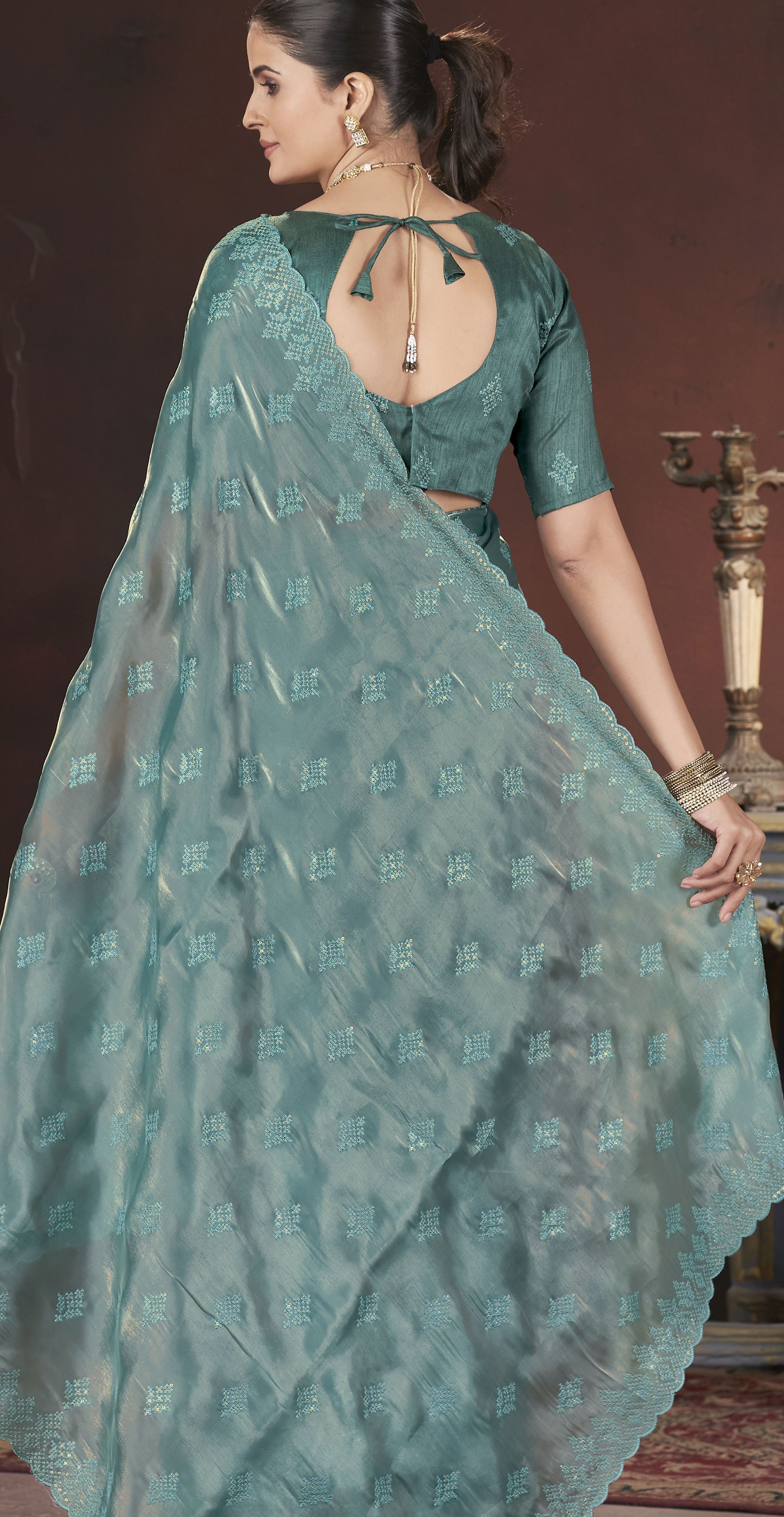 Teal Stylish Jimmy Choo Ethnic Sequins Embroidered Saree