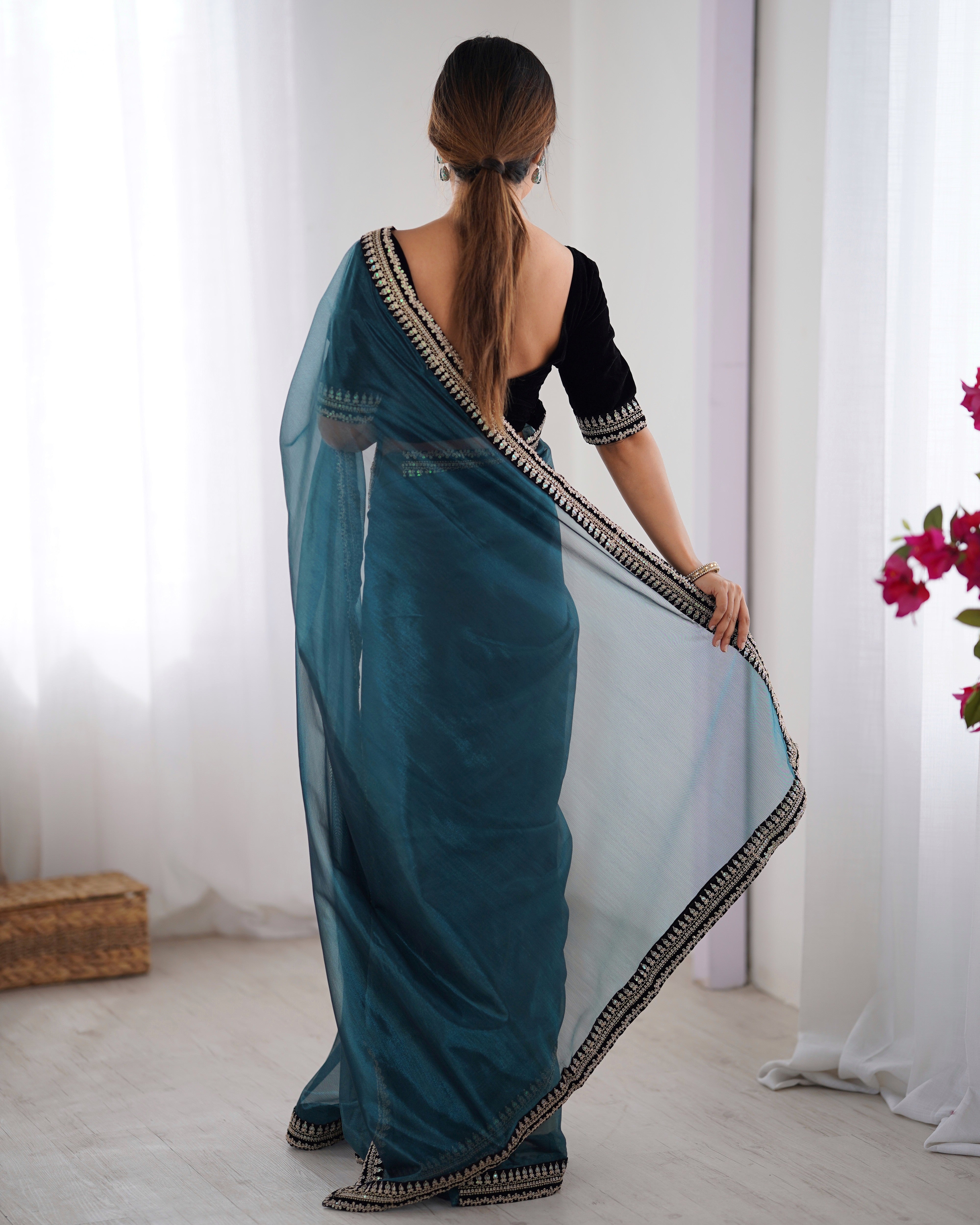 Teal Twill Net Beautiful Sophisticated Rich Girlie Saree