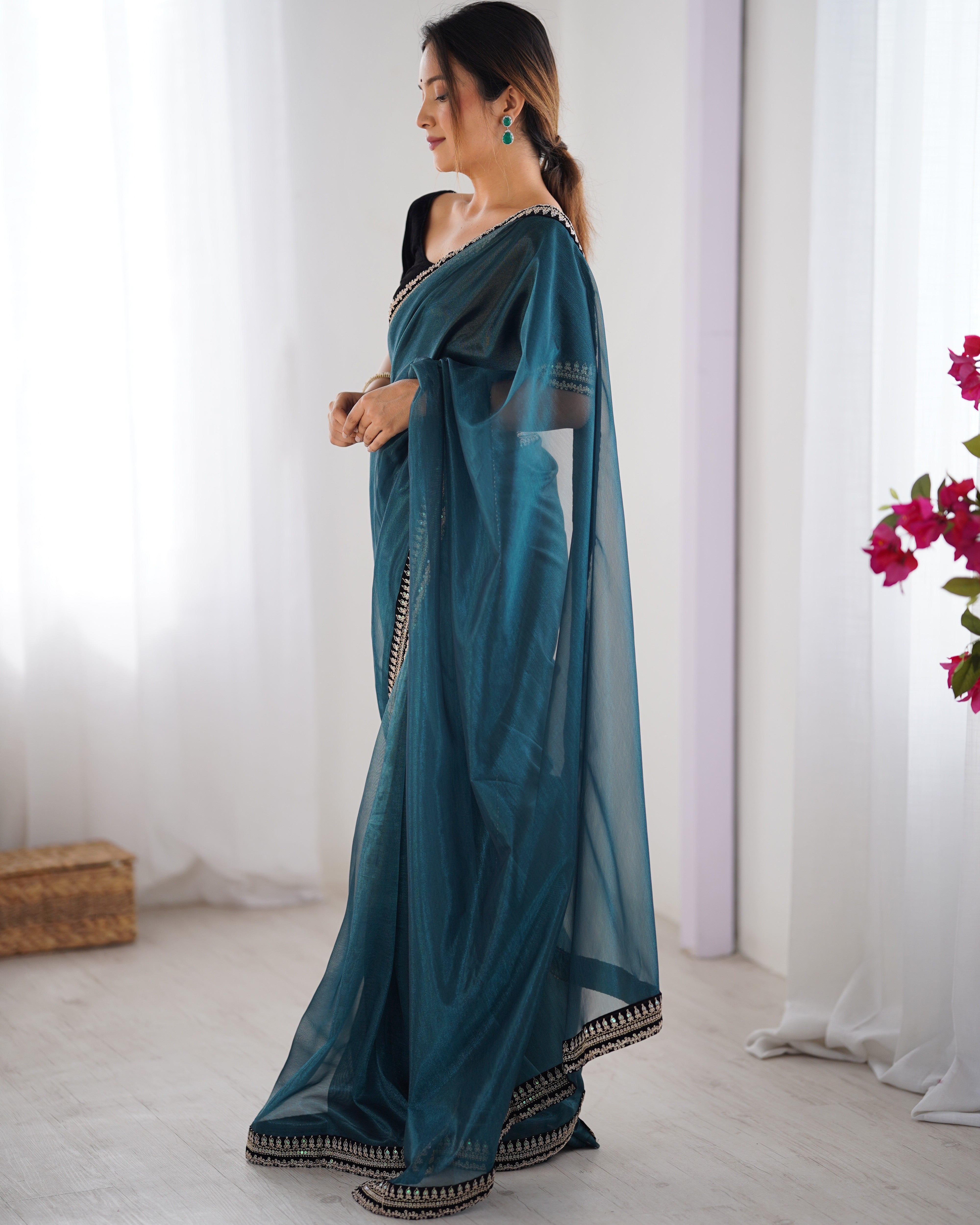 Teal Twill Net Beautiful Sophisticated Rich Girlie Saree