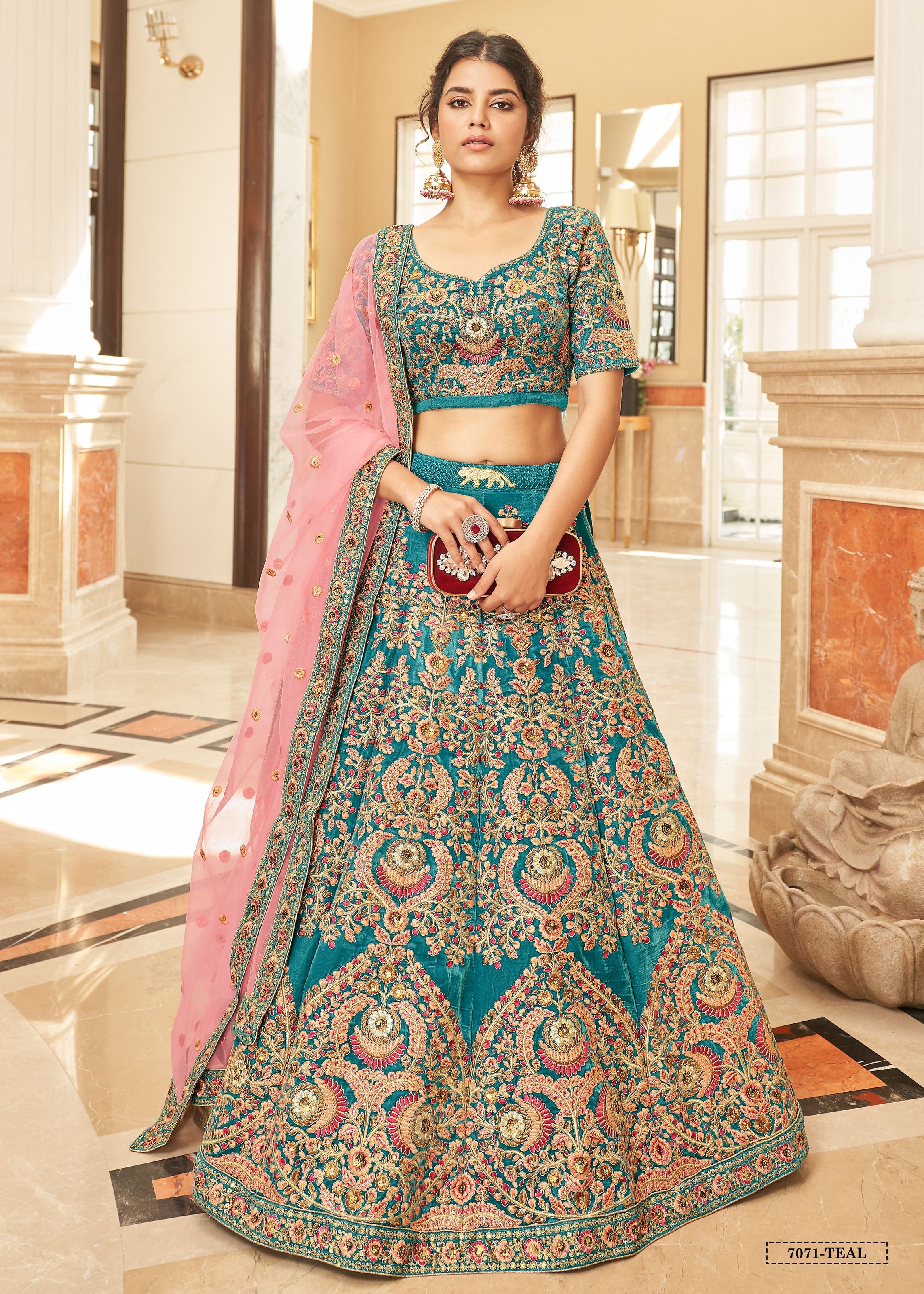 Teal Velvet Lehenga Choli With Thread, Zari, Dori and Sequins Embroidery Work