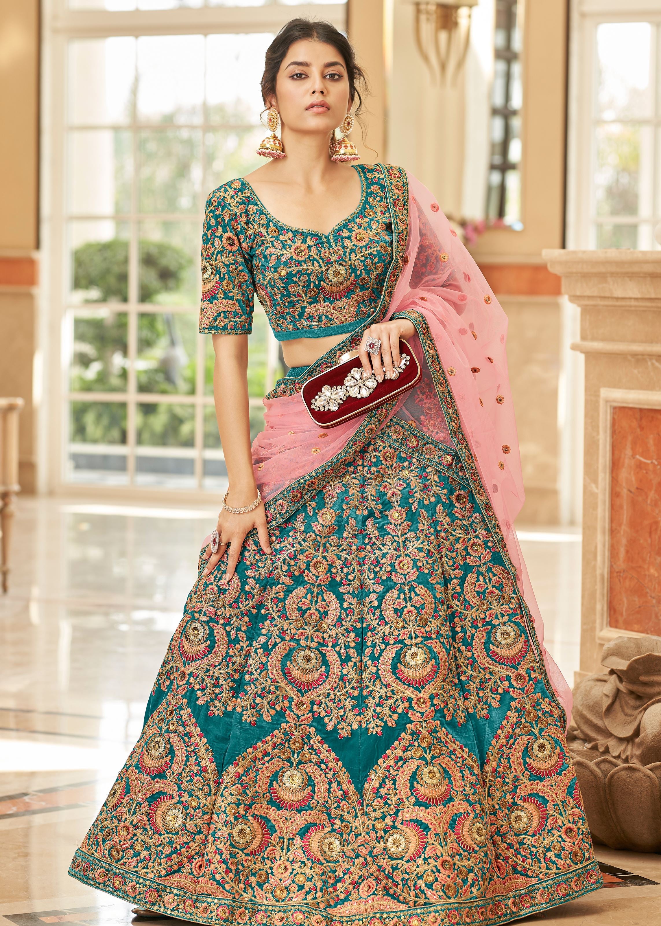 Teal Velvet Lehenga Choli With Thread, Zari, Dori and Sequins Embroidery Work