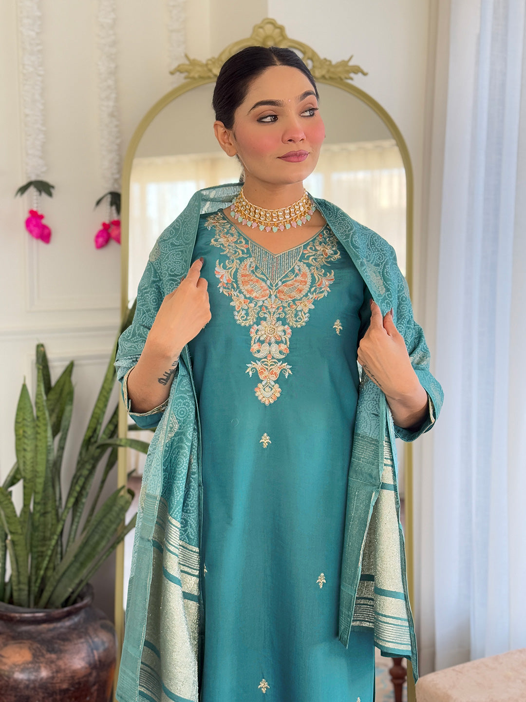Teal Viscose Chanderi Kurta Pant Set With Embroidery Work
