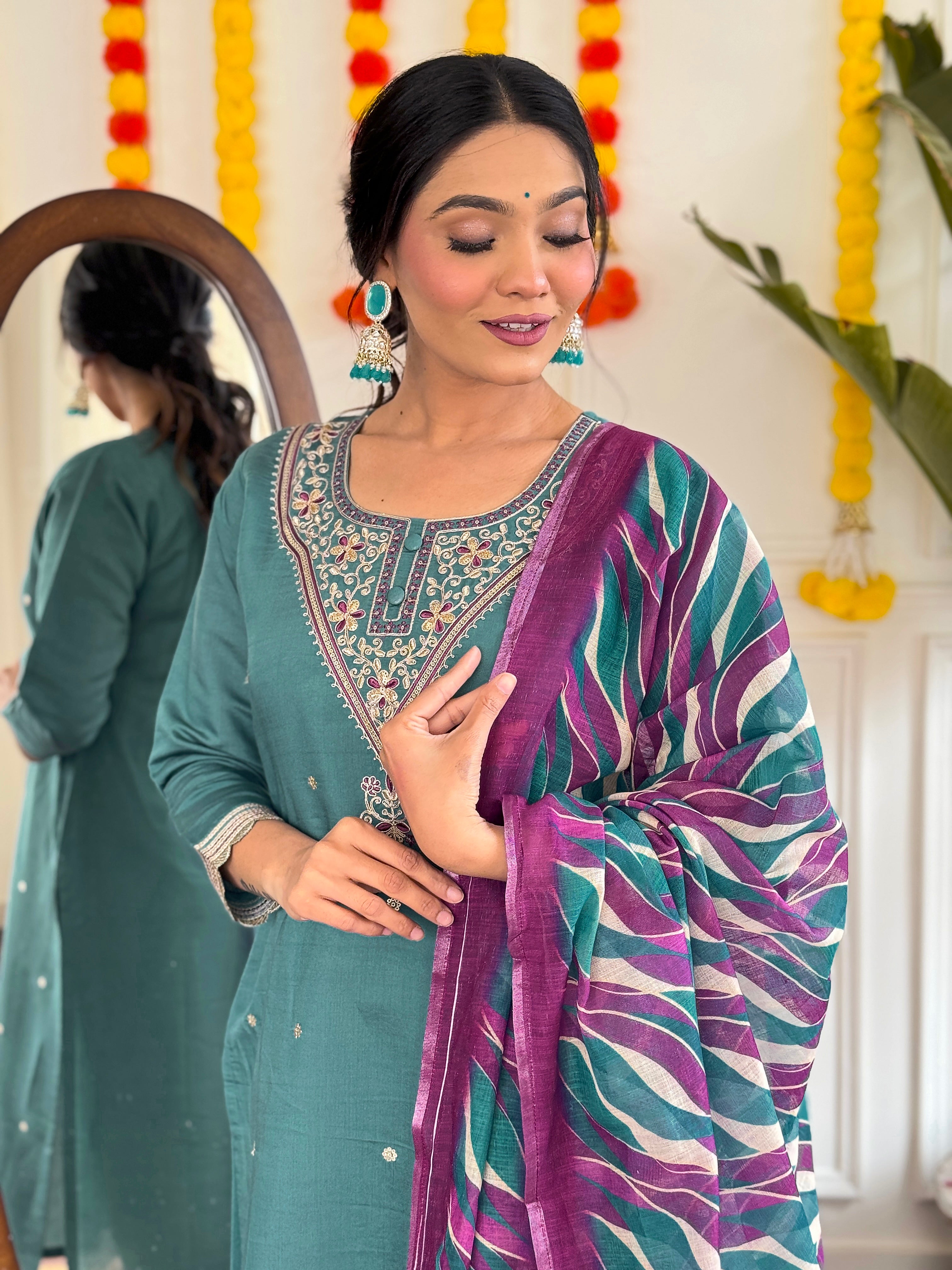Teal Viscose Chanderi Kurta Pant With Embroidery Work And Printed Dupatta